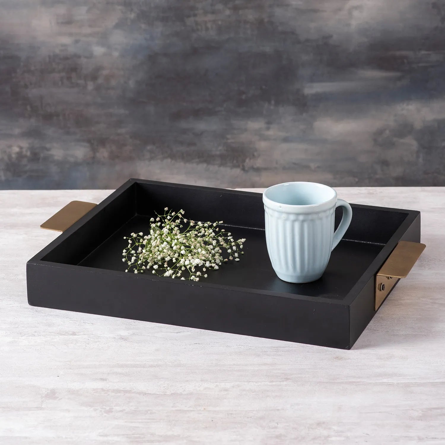 Black Wooden Serving Tray with Brass Handles