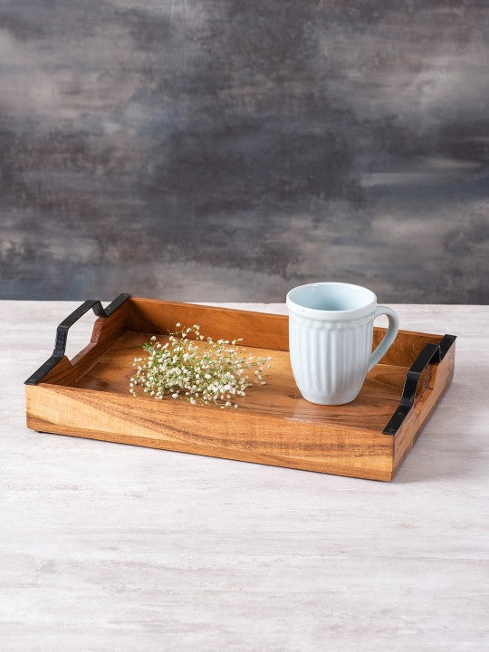 Sheesham Wood Serving Tray with Black Metal Handles