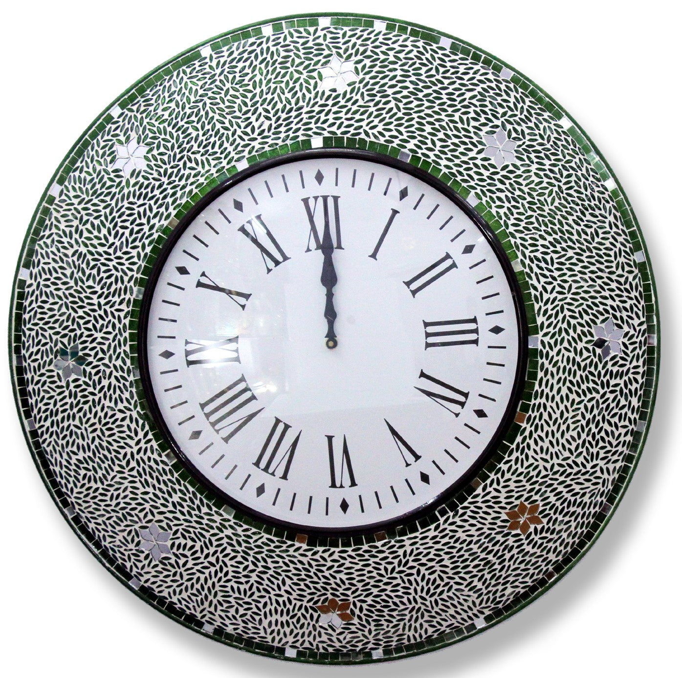 Green Handcrafted Mosaic Wall Clock with Roman Numerals - Stylish Decorative Accent