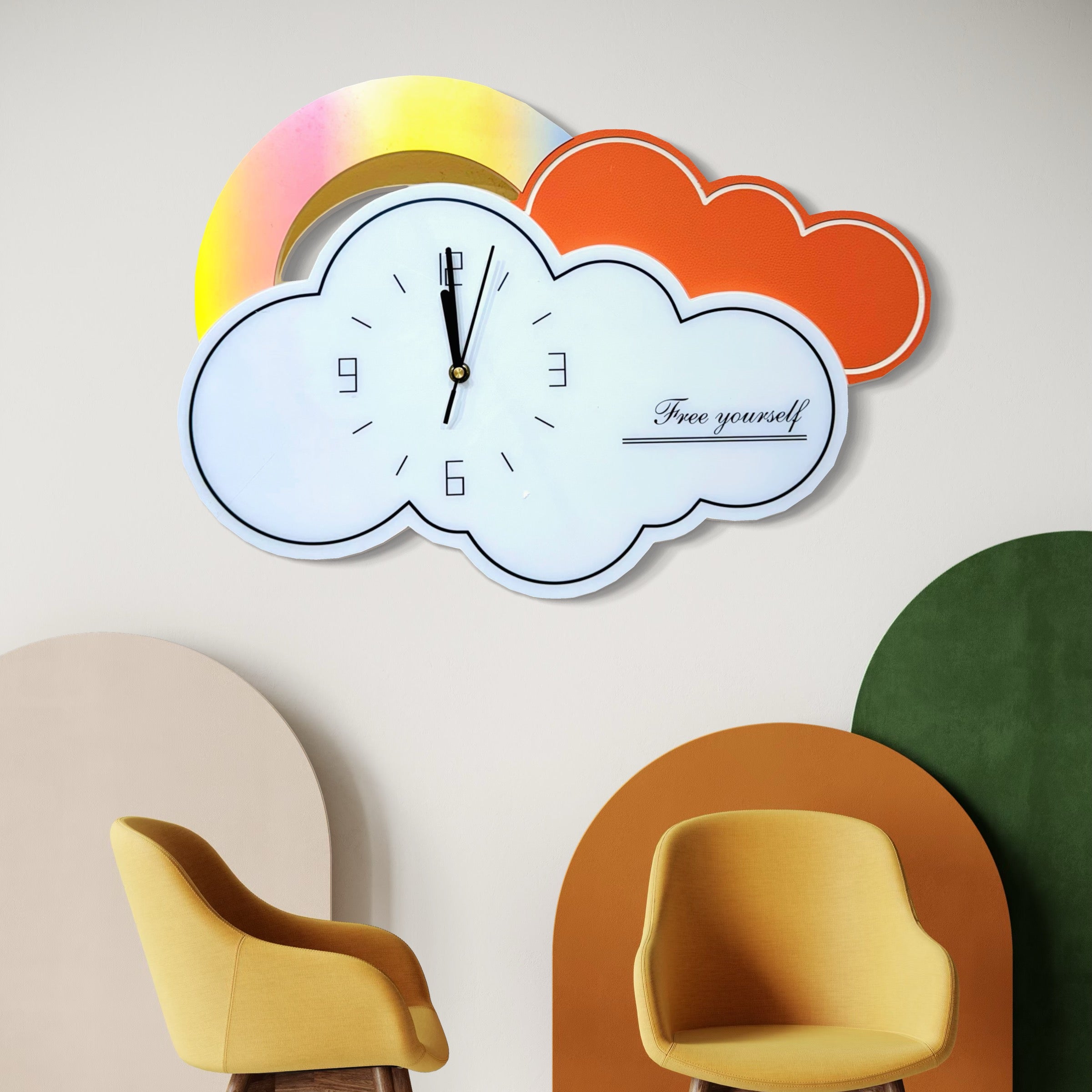 Cloud-Inspired Wall Clock with Rainbow Accents - 50CM x 36CM