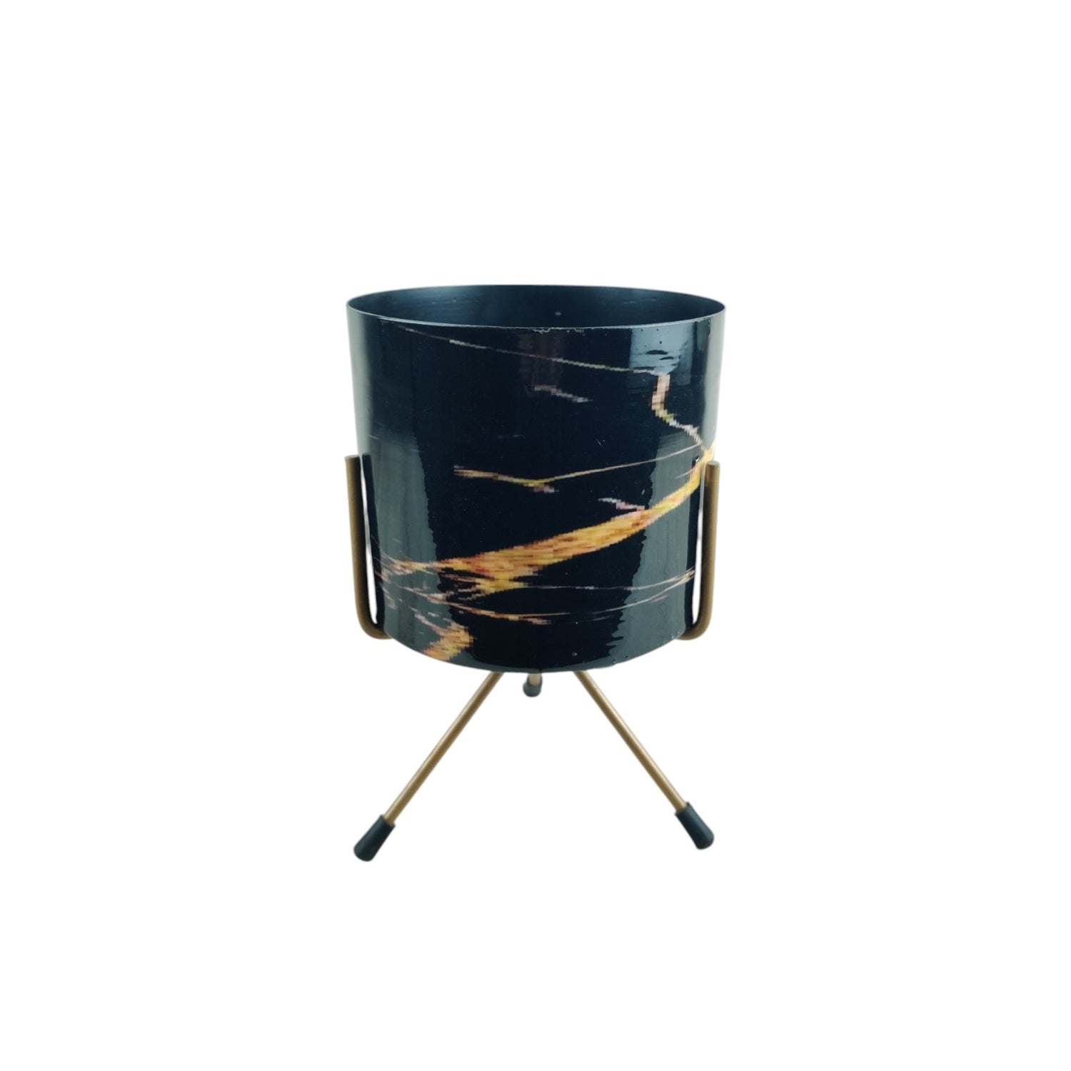 Stylish Round Tabletop Pot - Black Marble Print with Stand