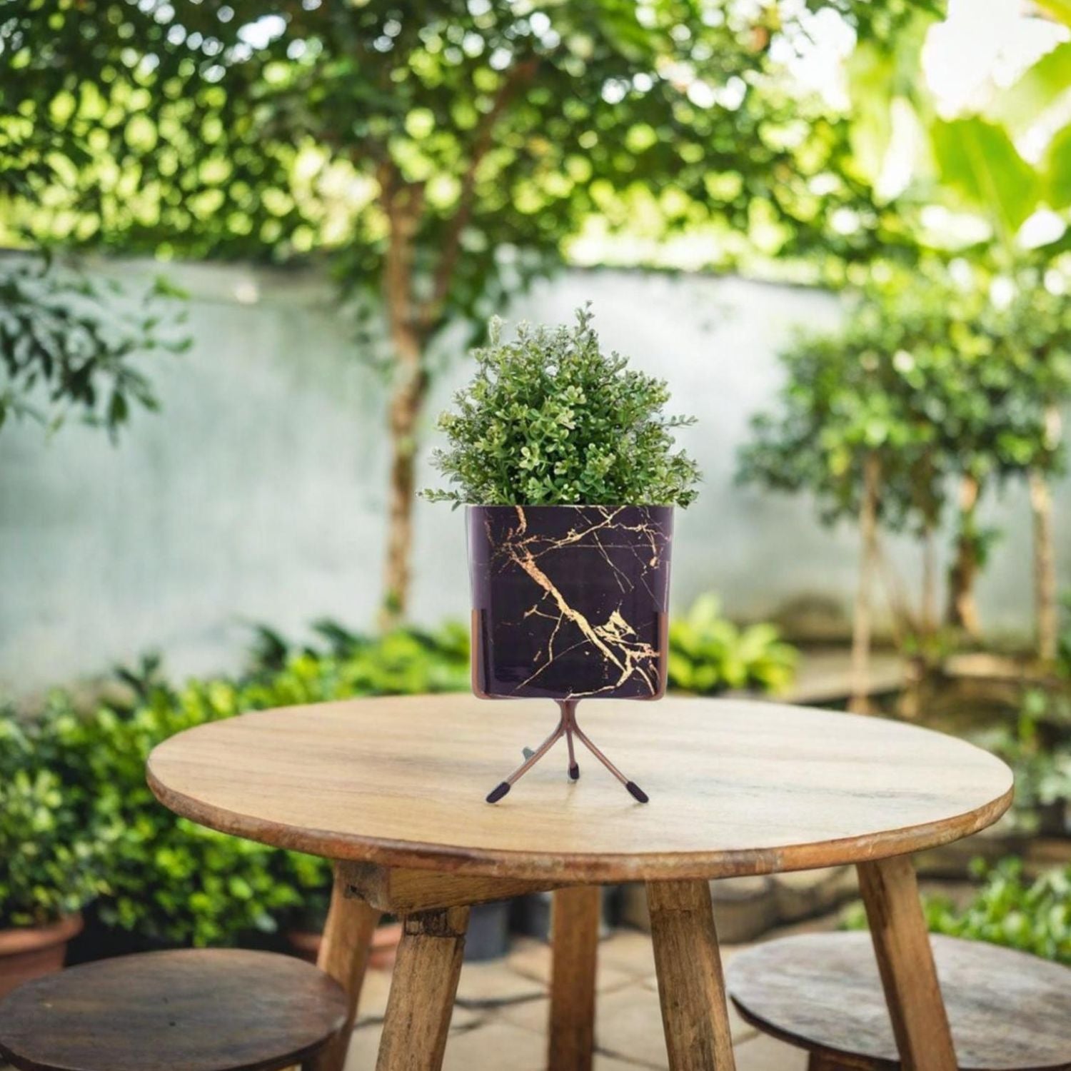 Stylish Round Tabletop Pot - Black Marble Print with Stand