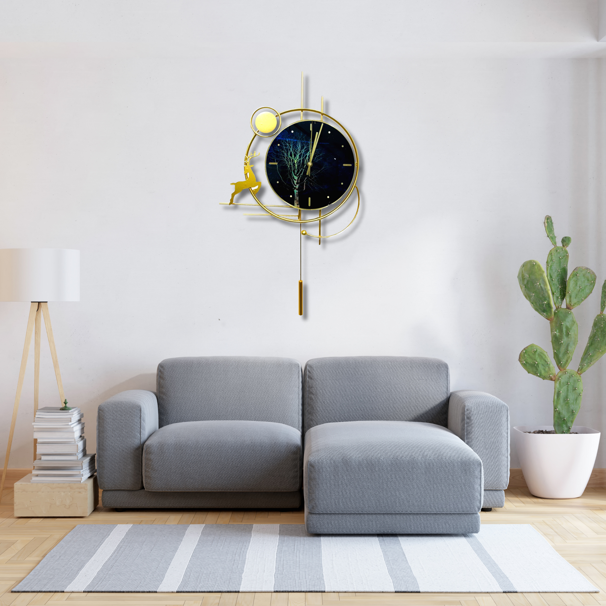 Sleek Artistic Wall Clock with Gold Deer and Starry Night Design (65x35cm)