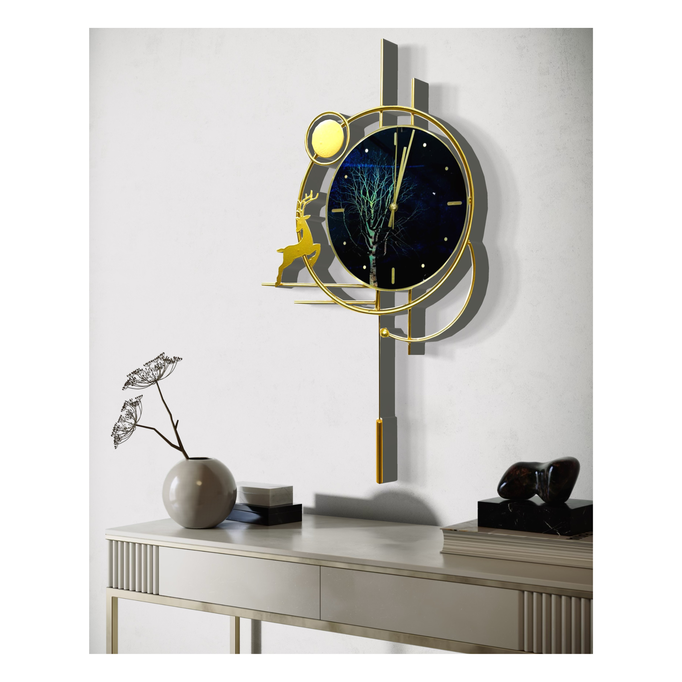 Sleek Artistic Wall Clock with Gold Deer and Starry Night Design (65x35cm)