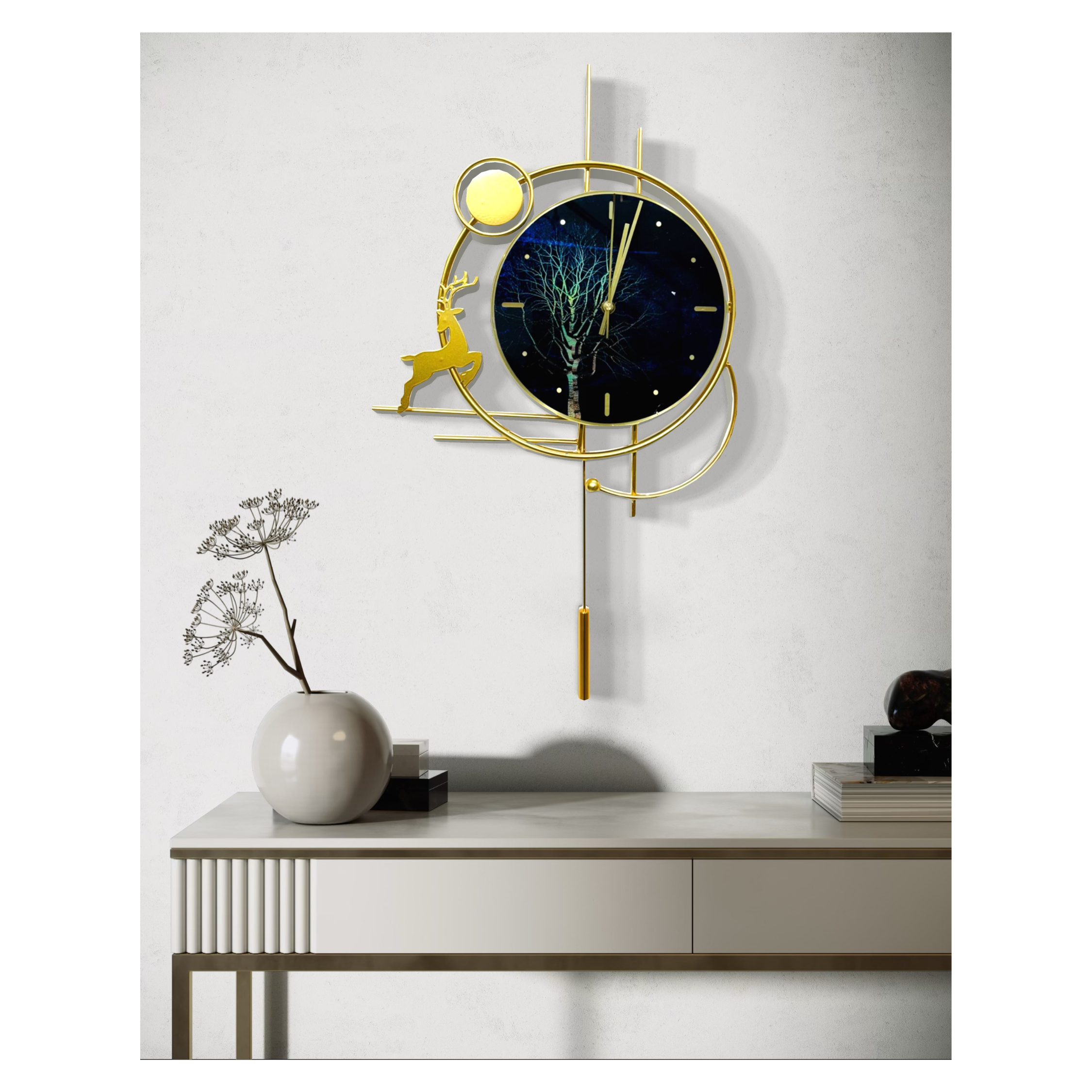 Sleek Artistic Wall Clock with Gold Deer and Starry Night Design (65x35cm)