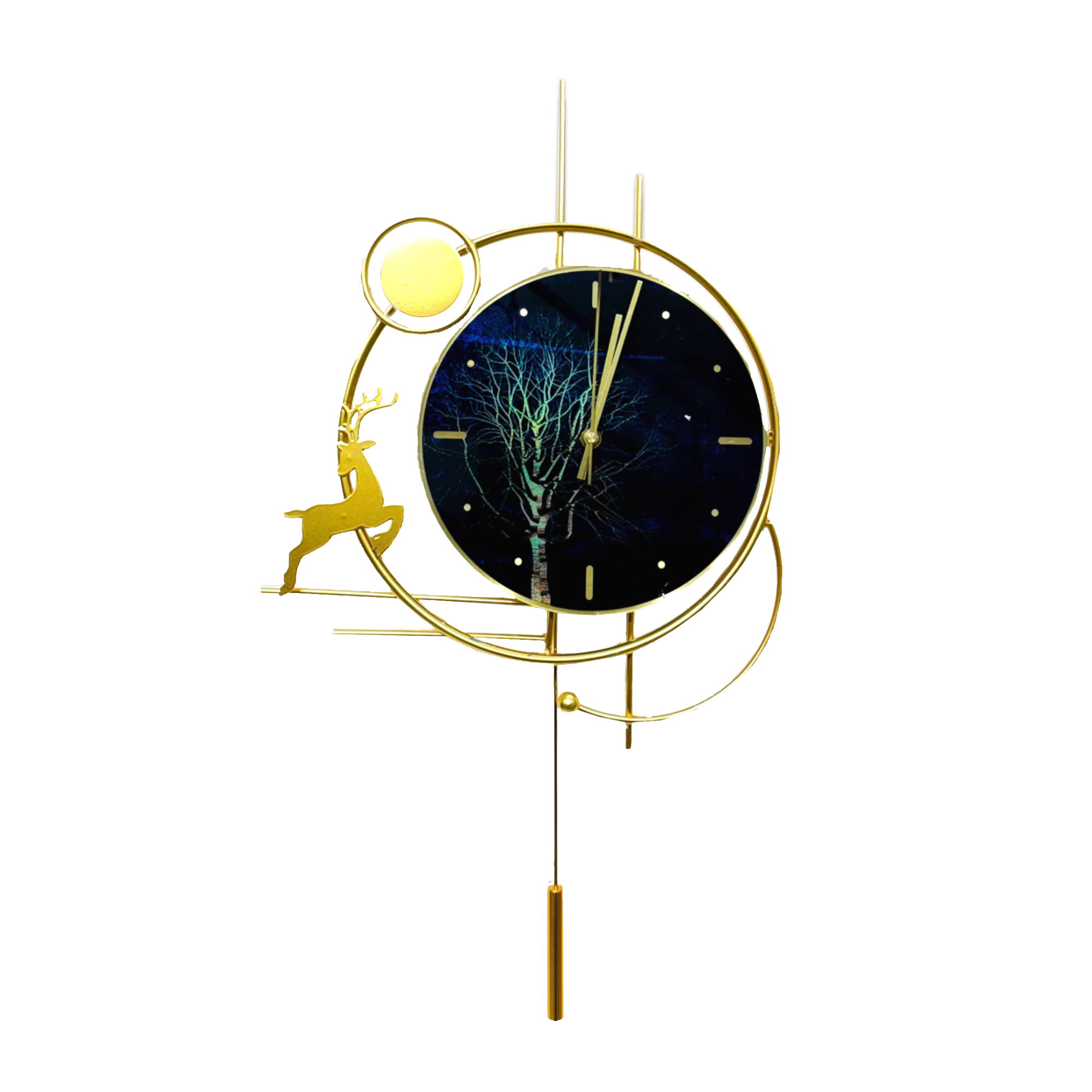 Sleek Artistic Wall Clock with Gold Deer and Starry Night Design (65x35cm)