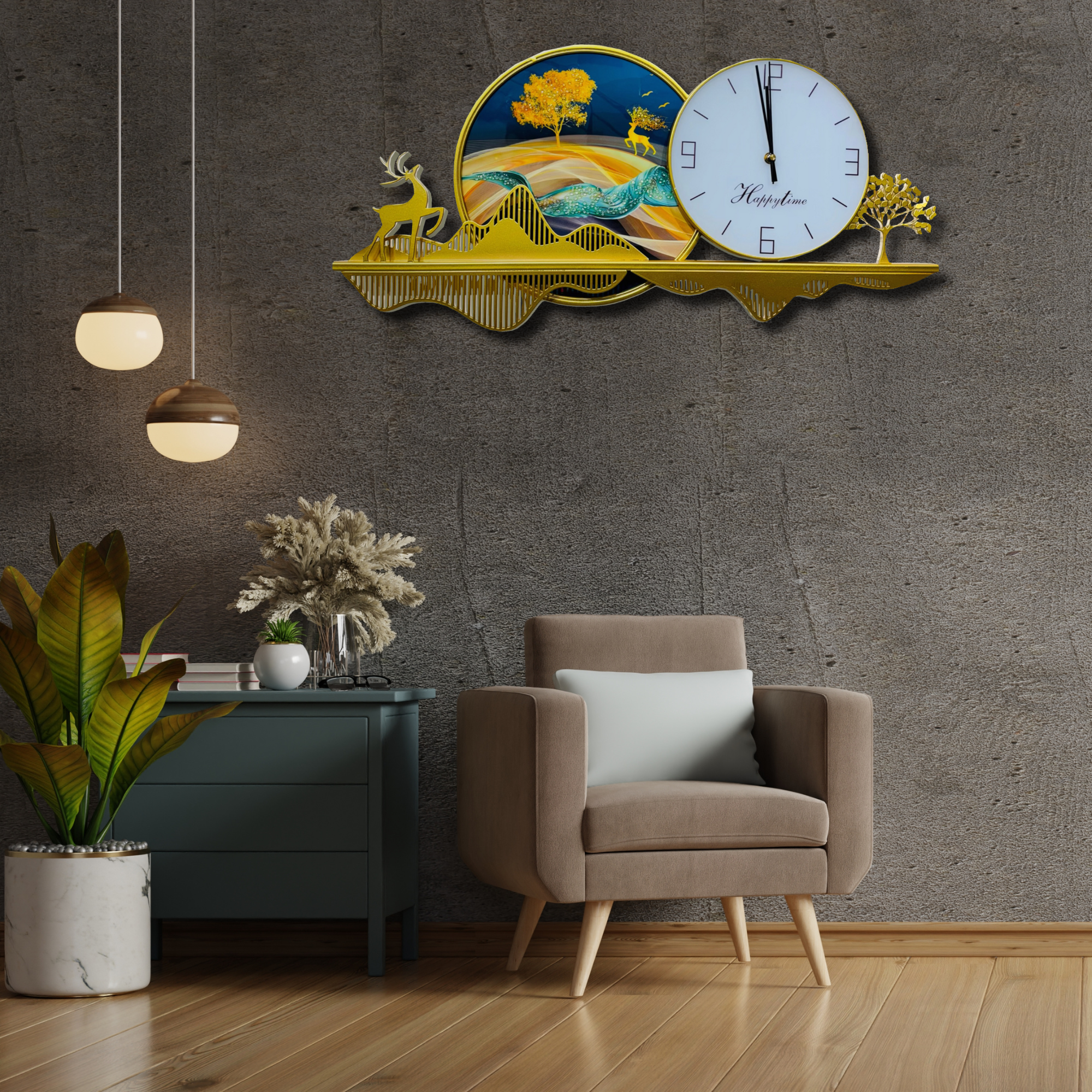 Golden Luxurious Wall Clock with Nature-Inspired Artwork (70x30cm)