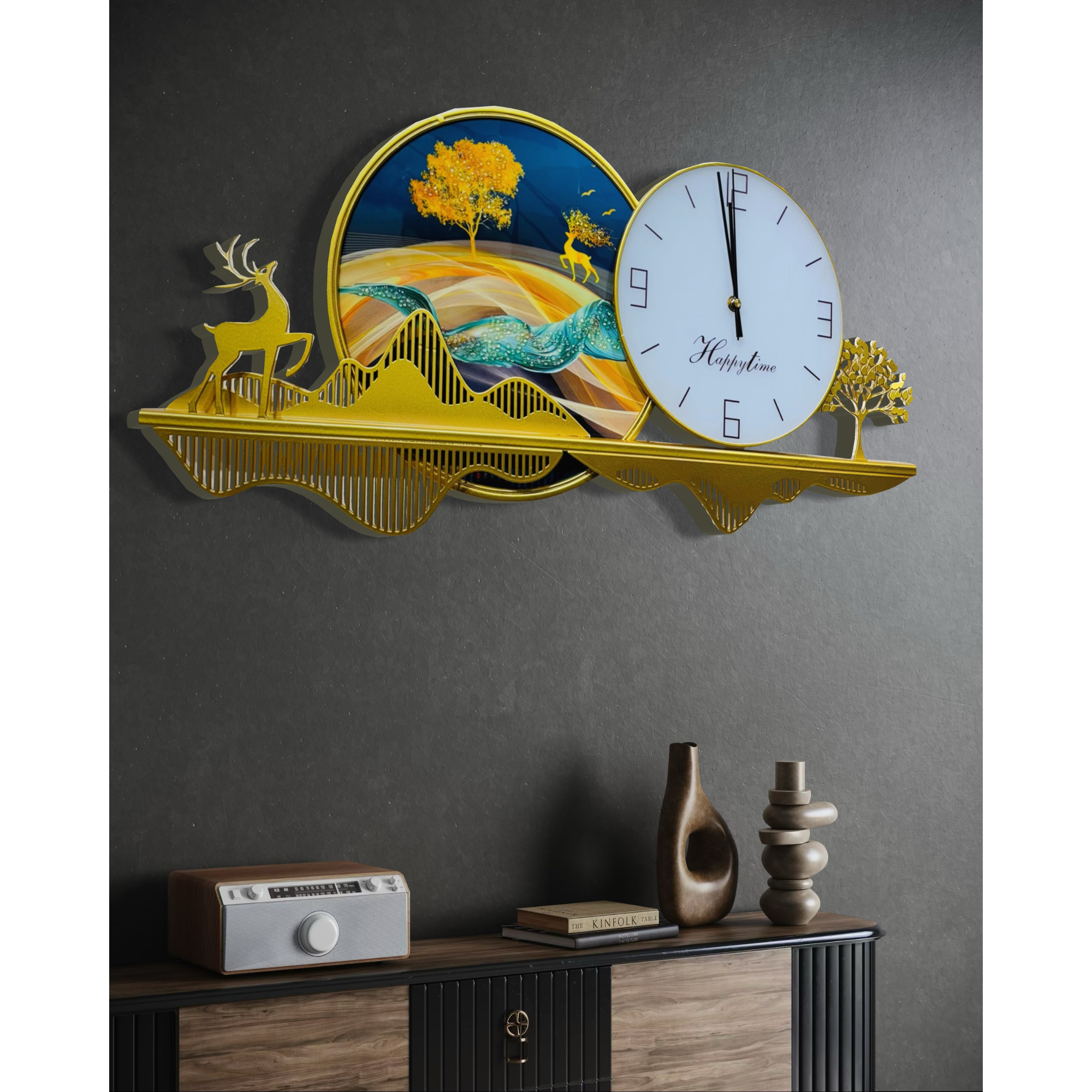 Golden Luxurious Wall Clock with Nature-Inspired Artwork (70x30cm)