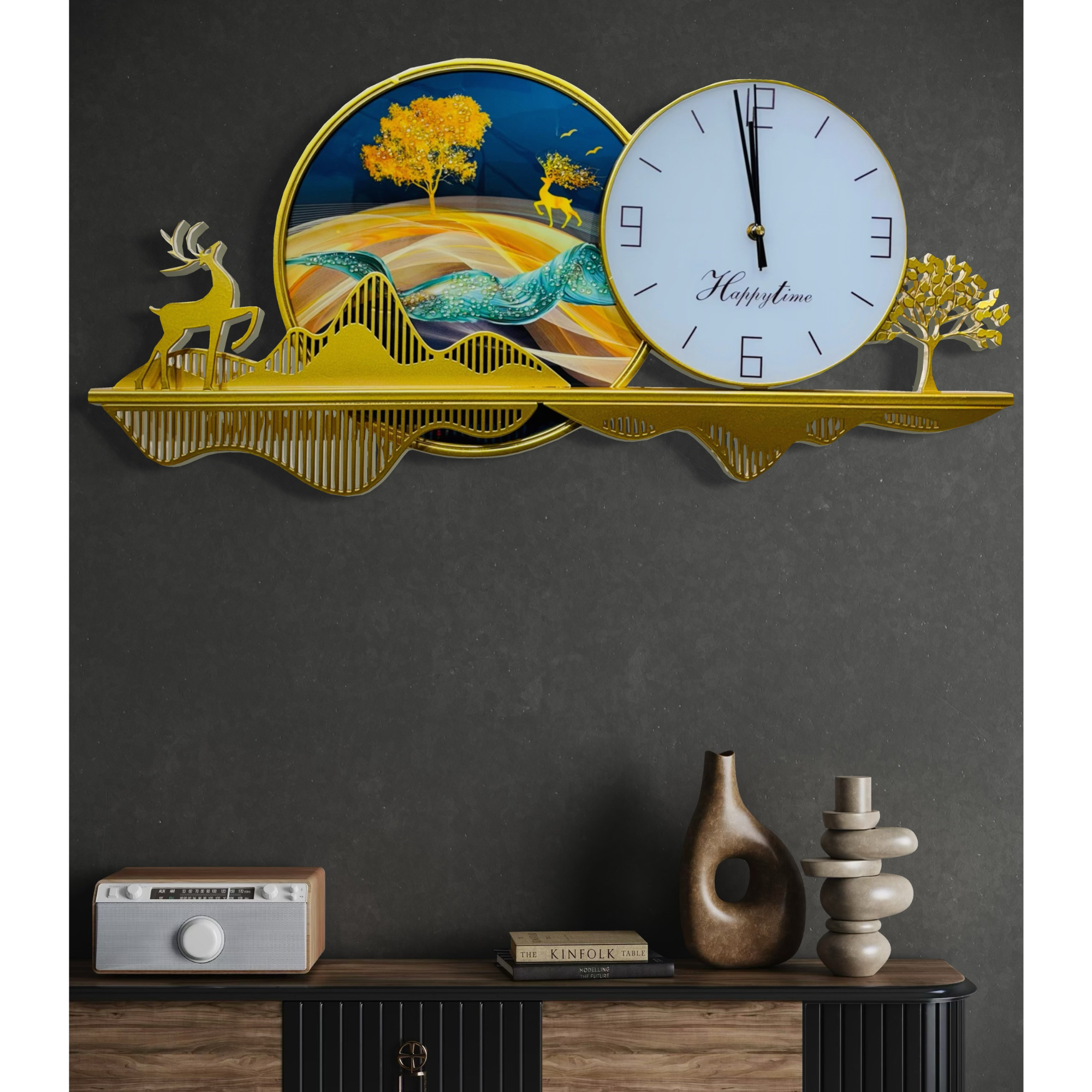 Golden Luxurious Wall Clock with Nature-Inspired Artwork (70x30cm)