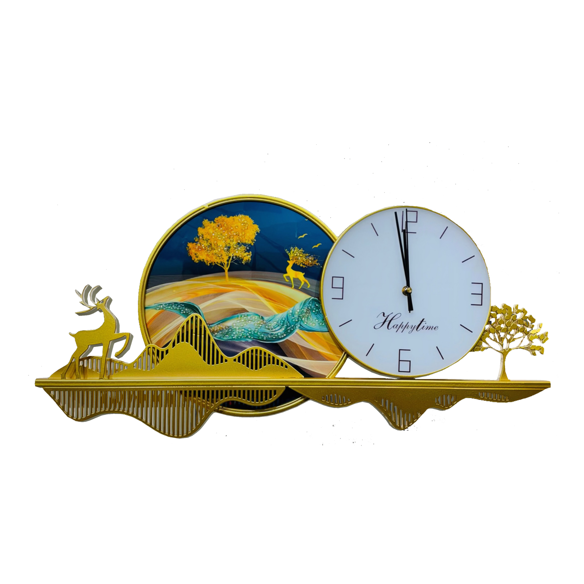 Golden Luxurious Wall Clock with Nature-Inspired Artwork (70x30cm)