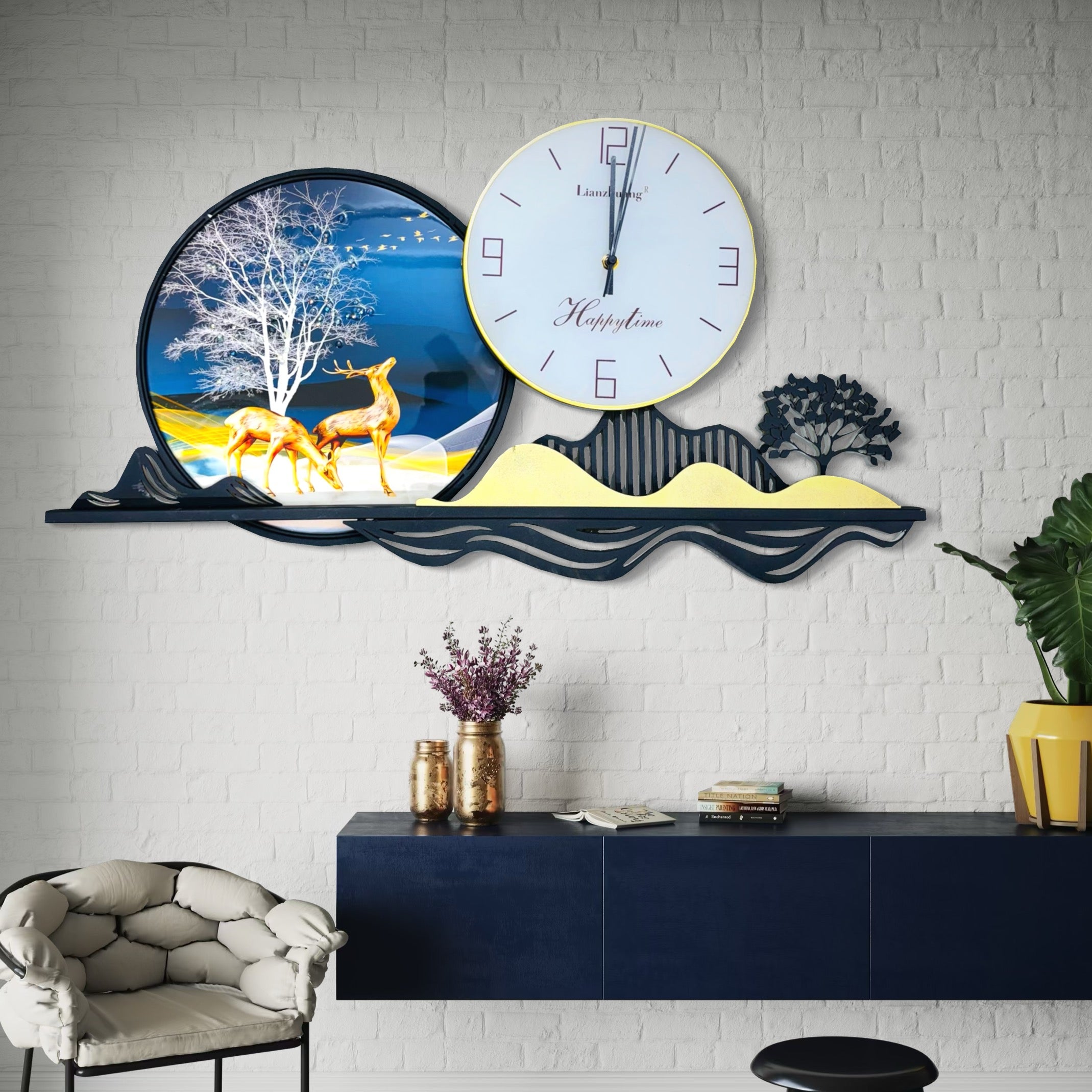 Premium Artistic Deer Design Wall Clock with Serene Landscape - 70cm x 40cm