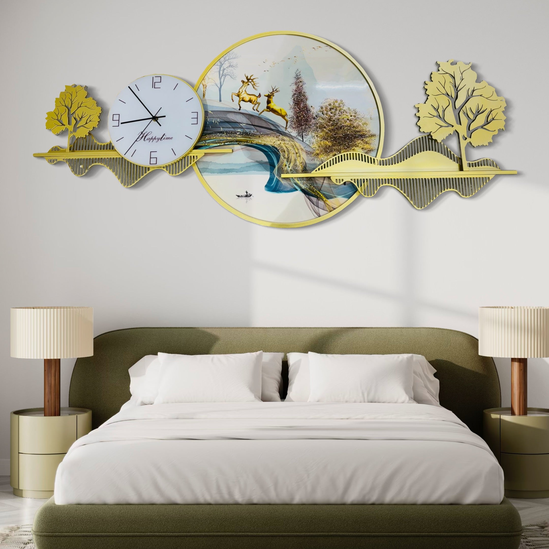 Scenic Elegant Oversized Wall Clock with Golden Trees