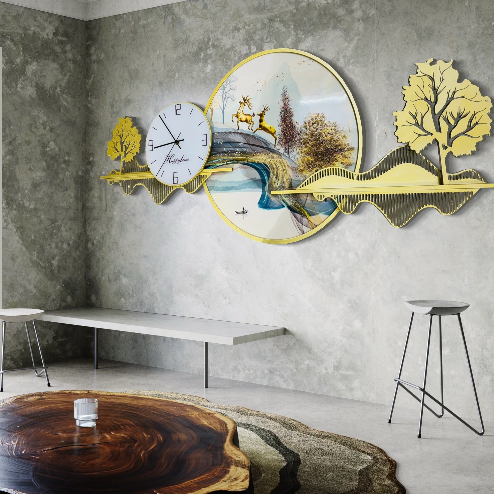 Scenic Elegant Oversized Wall Clock with Golden Trees