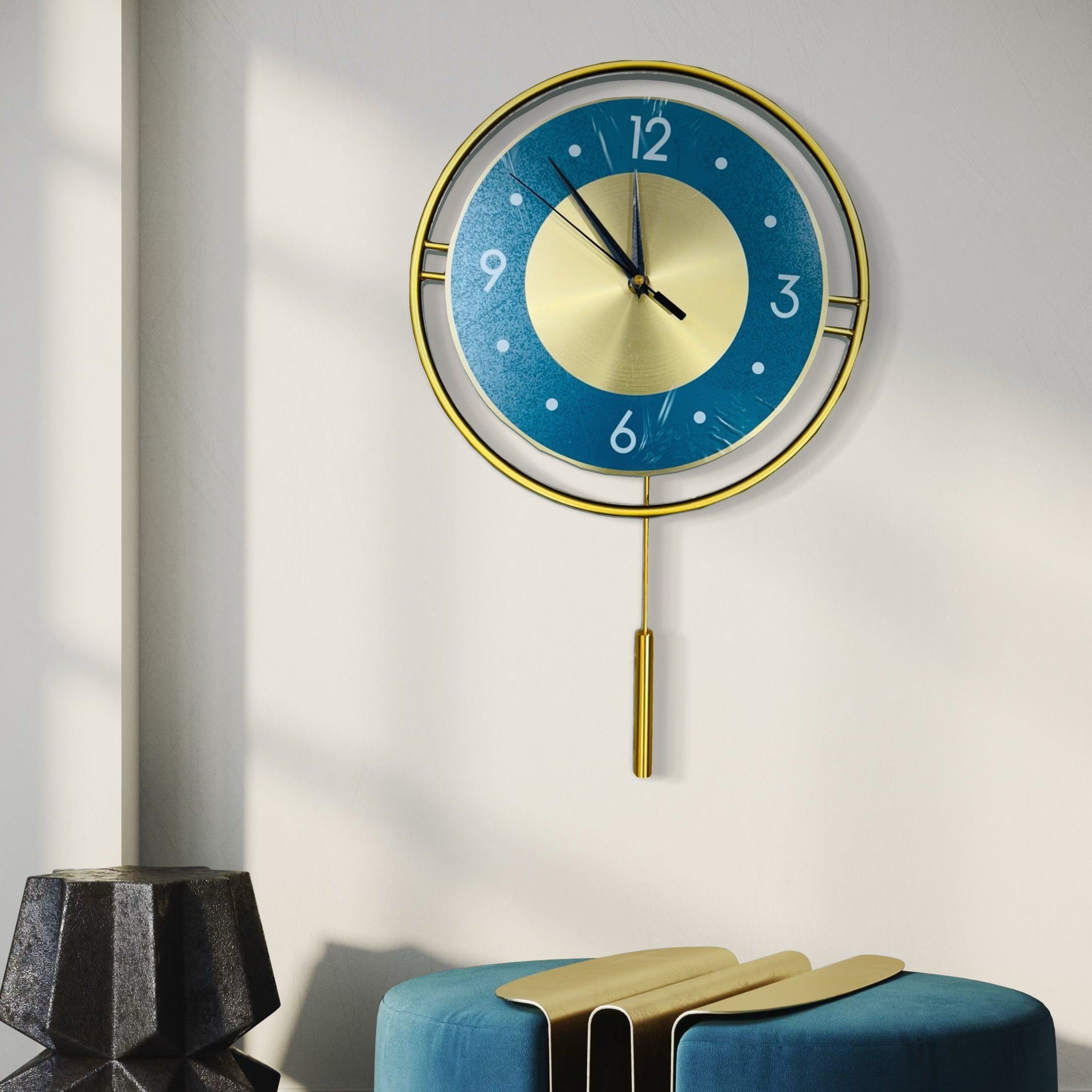 Elegant Blue & Gold Wall Clock with Pendulum – Stylish Decorative Timepiece