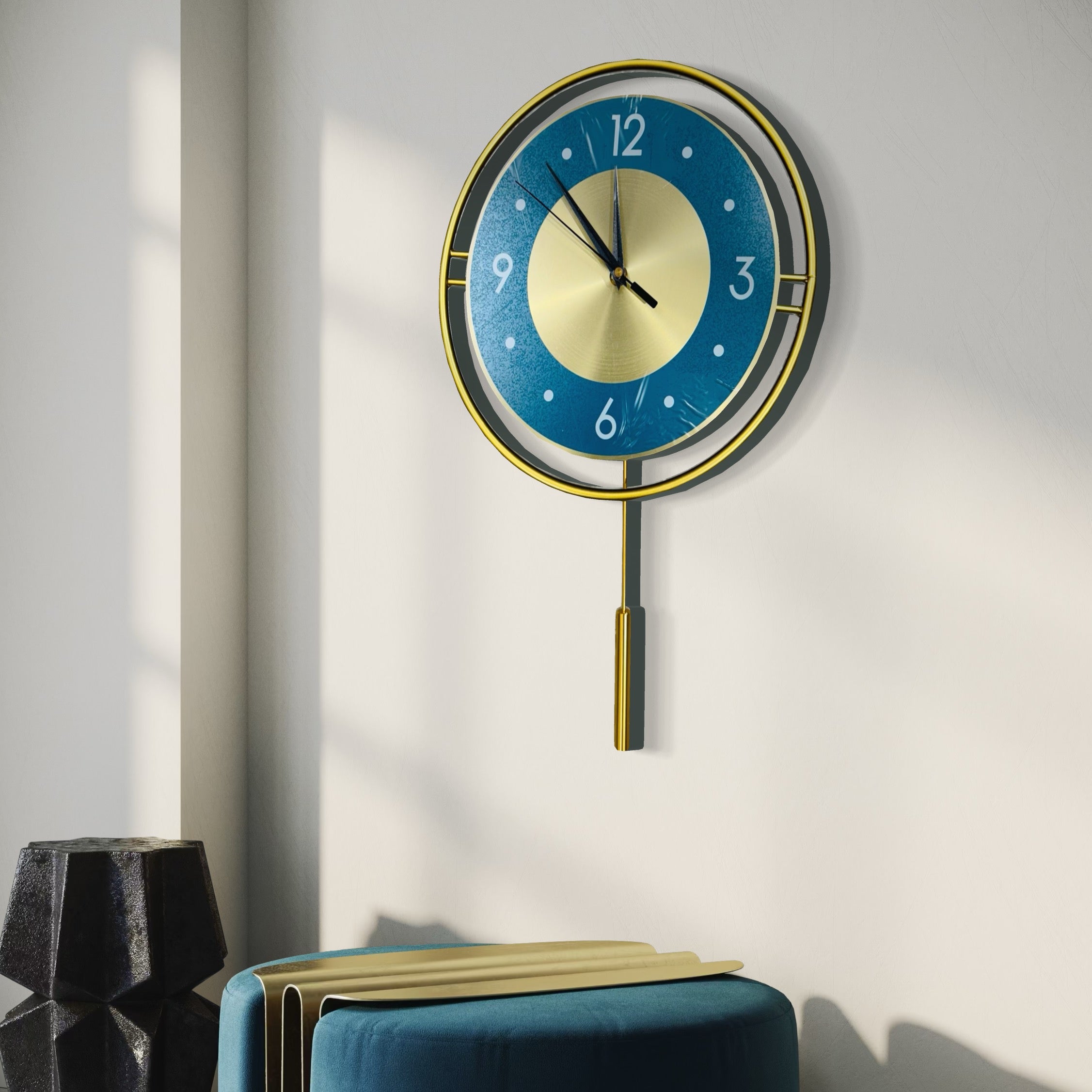 Elegant Blue & Gold Wall Clock with Pendulum – Stylish Decorative Timepiece