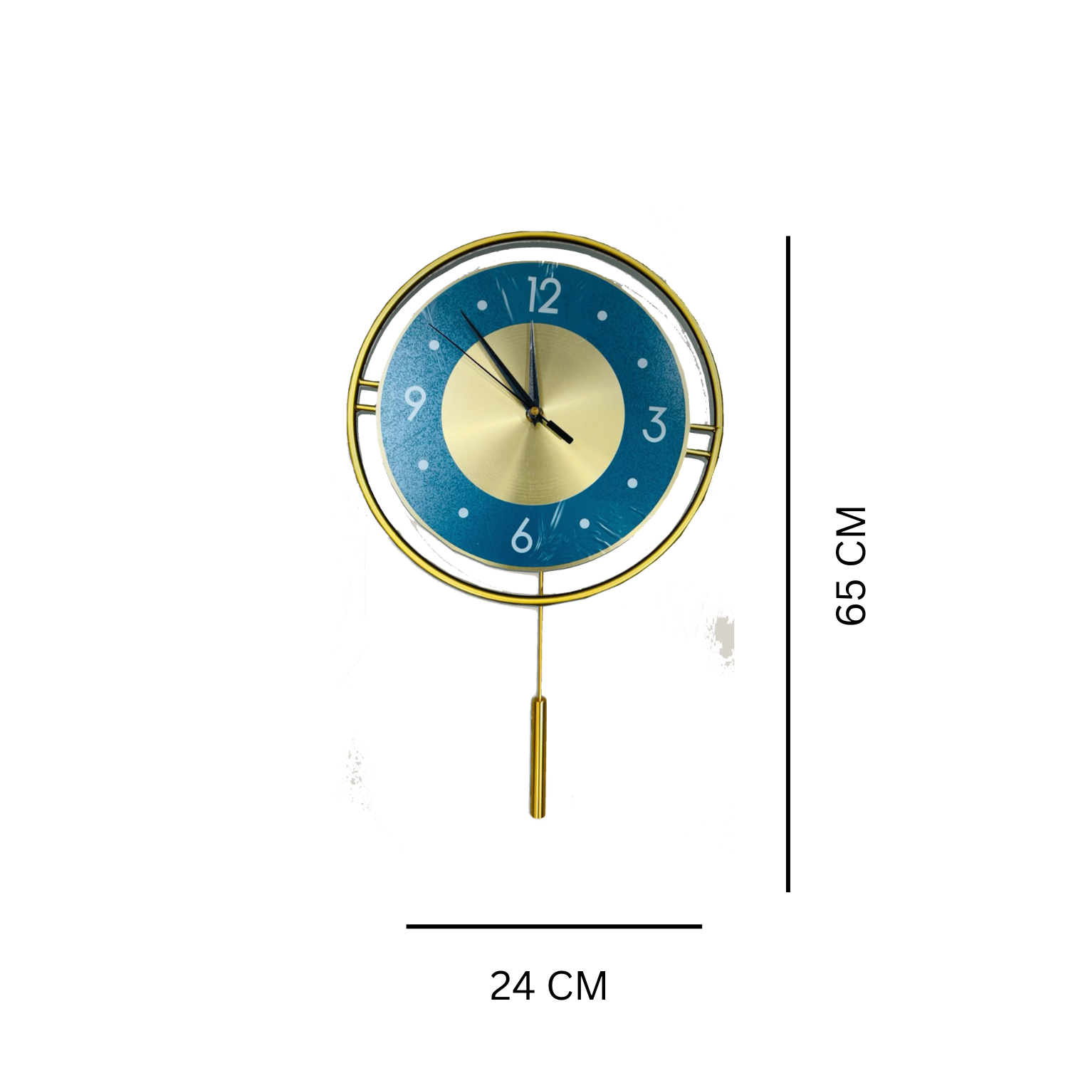 Elegant Blue & Gold Wall Clock with Pendulum – Stylish Decorative Timepiece