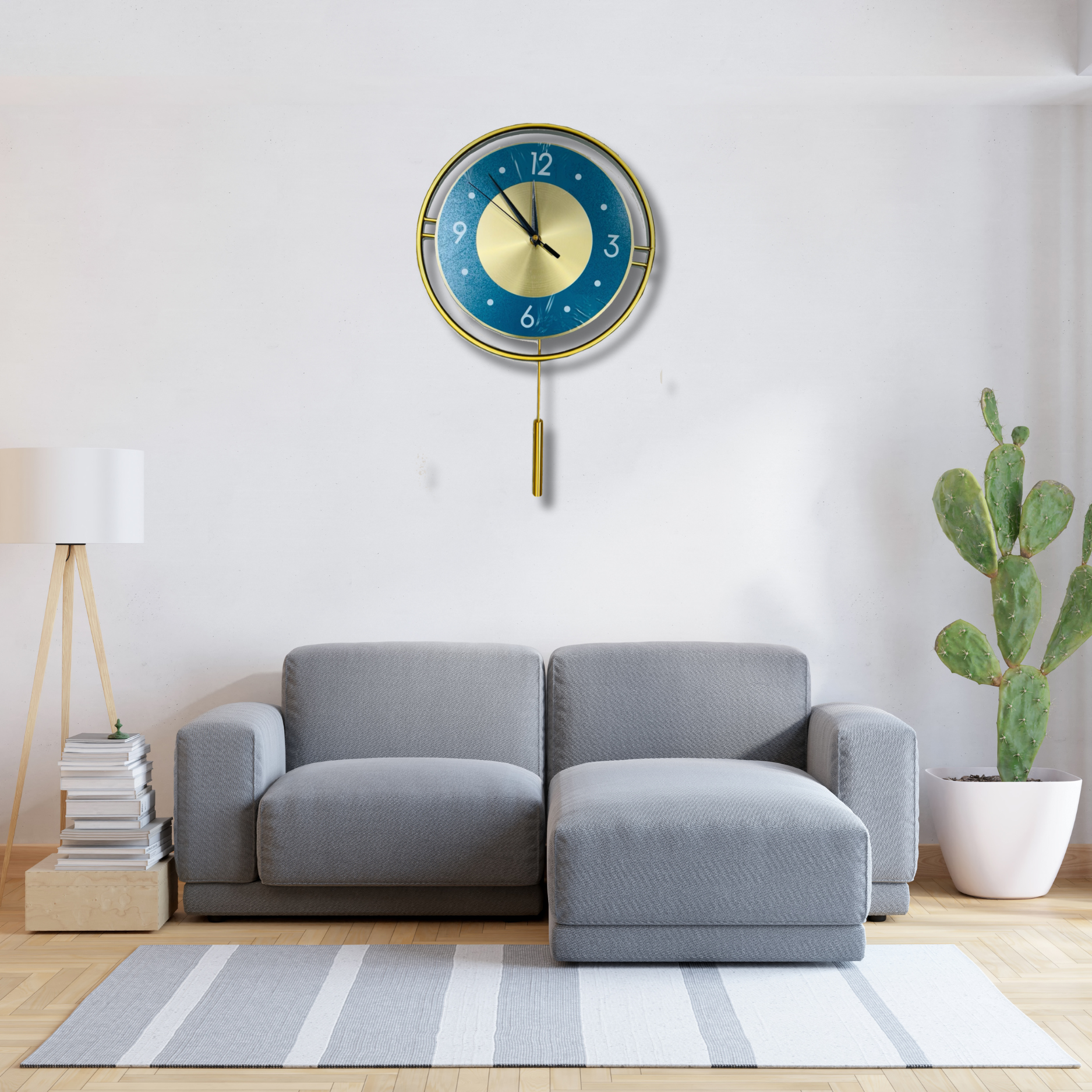 Elegant Blue & Gold Wall Clock with Pendulum – Stylish Decorative Timepiece