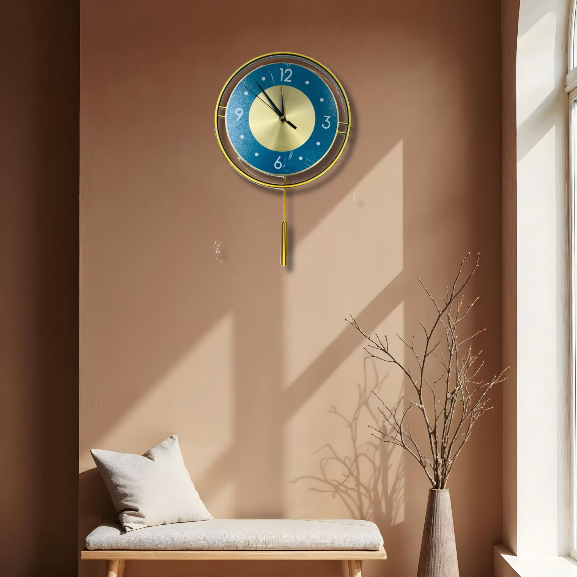 Elegant Blue & Gold Wall Clock with Pendulum – Stylish Decorative Timepiece