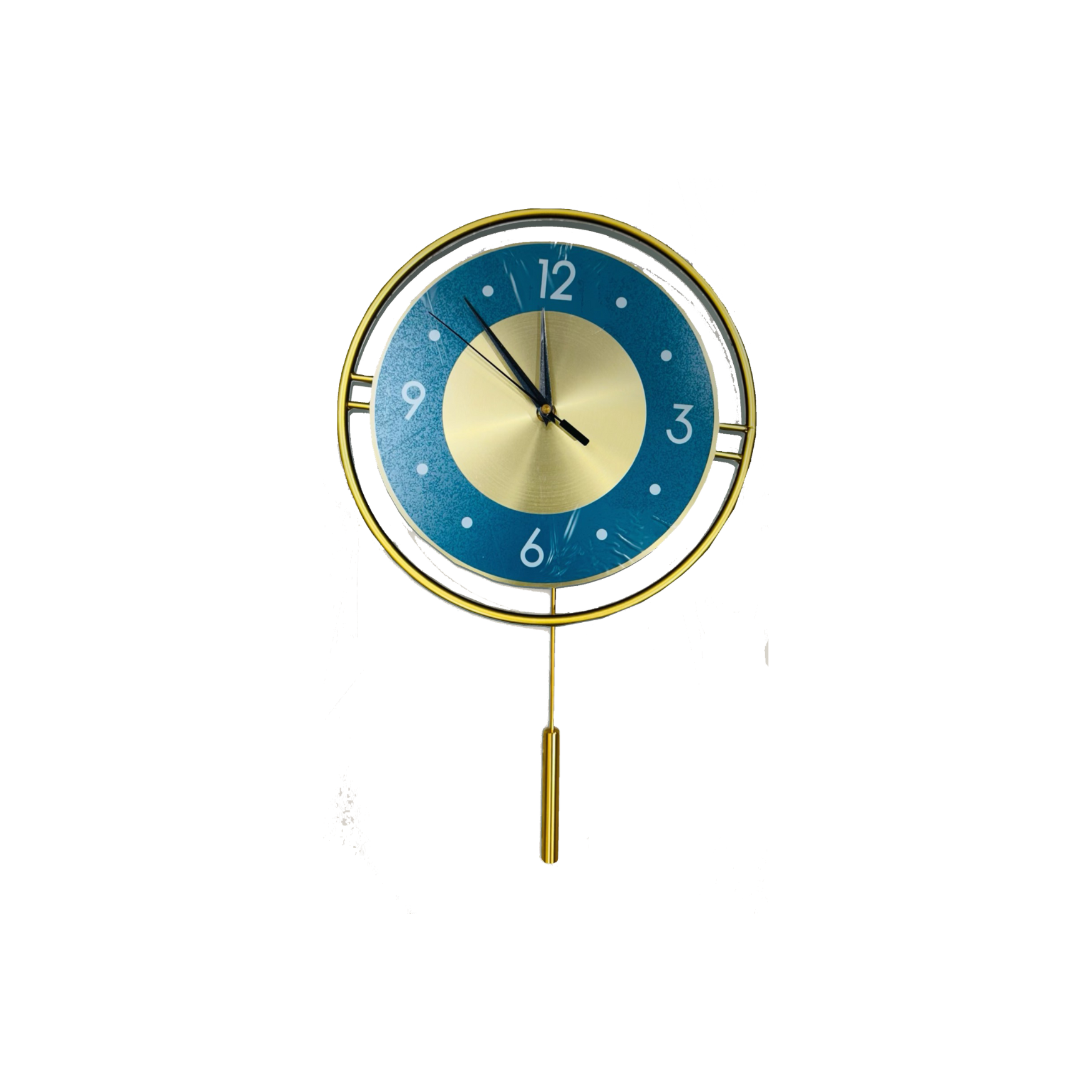 Elegant Blue & Gold Wall Clock with Pendulum – Stylish Decorative Timepiece