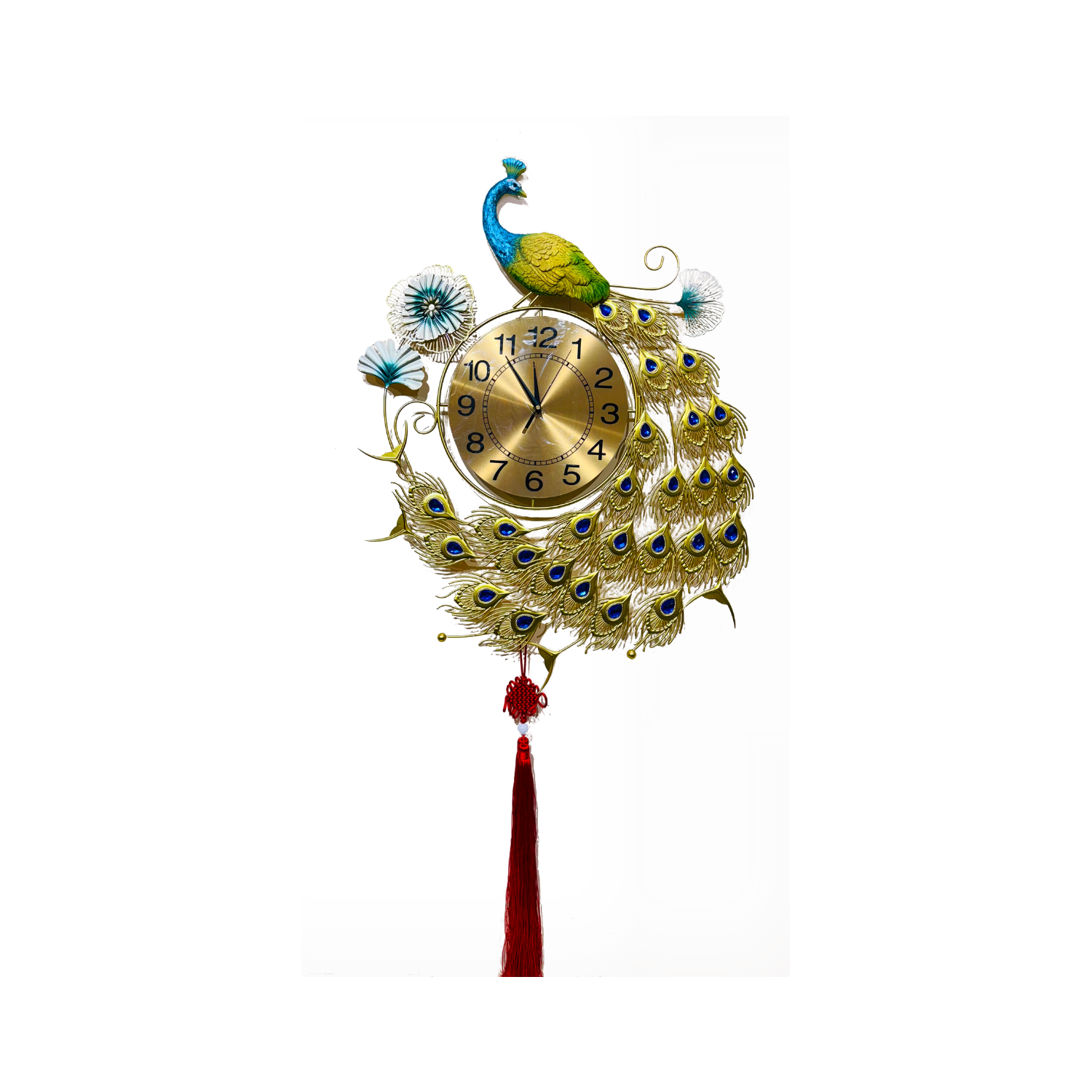 Luxury Peacock Wall Clock with Decorative Feathers and Tassel