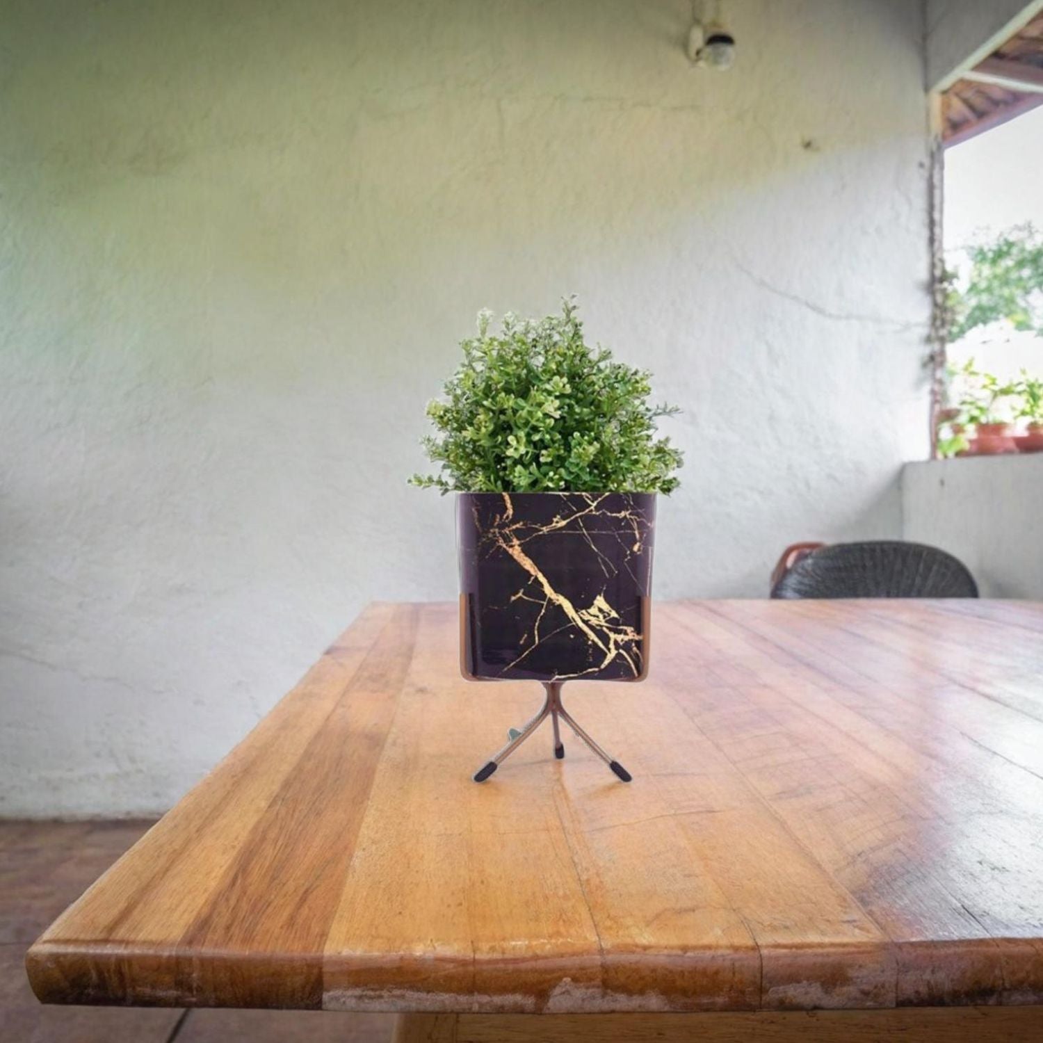 Stylish Round Tabletop Pot - Black Marble Print with Stand