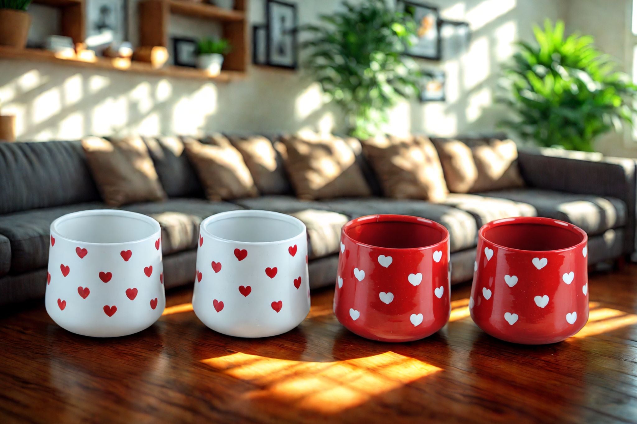 Beautiful Small Glass Pots - Red & White Hand-Painted Hearts, Set of 4