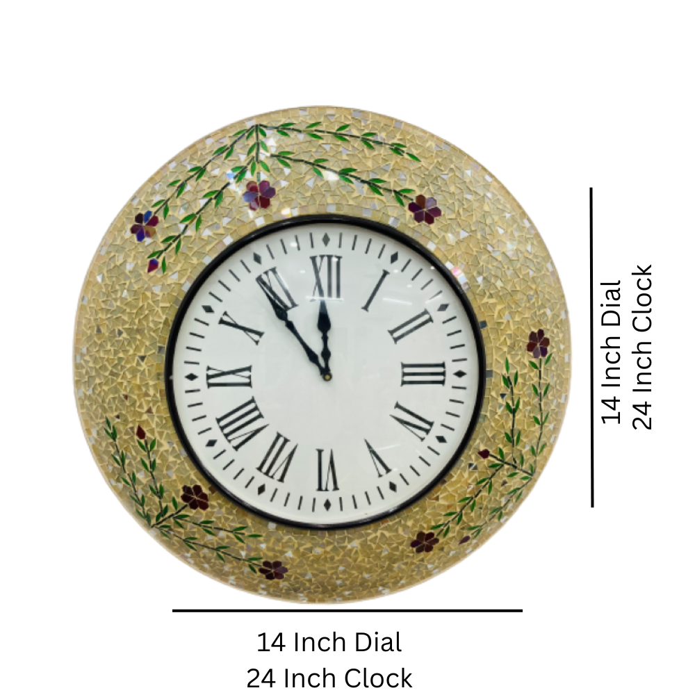 Floral Handcrafted Mosaic Wall Clock with Roman Numerals - Elegant Home Décor