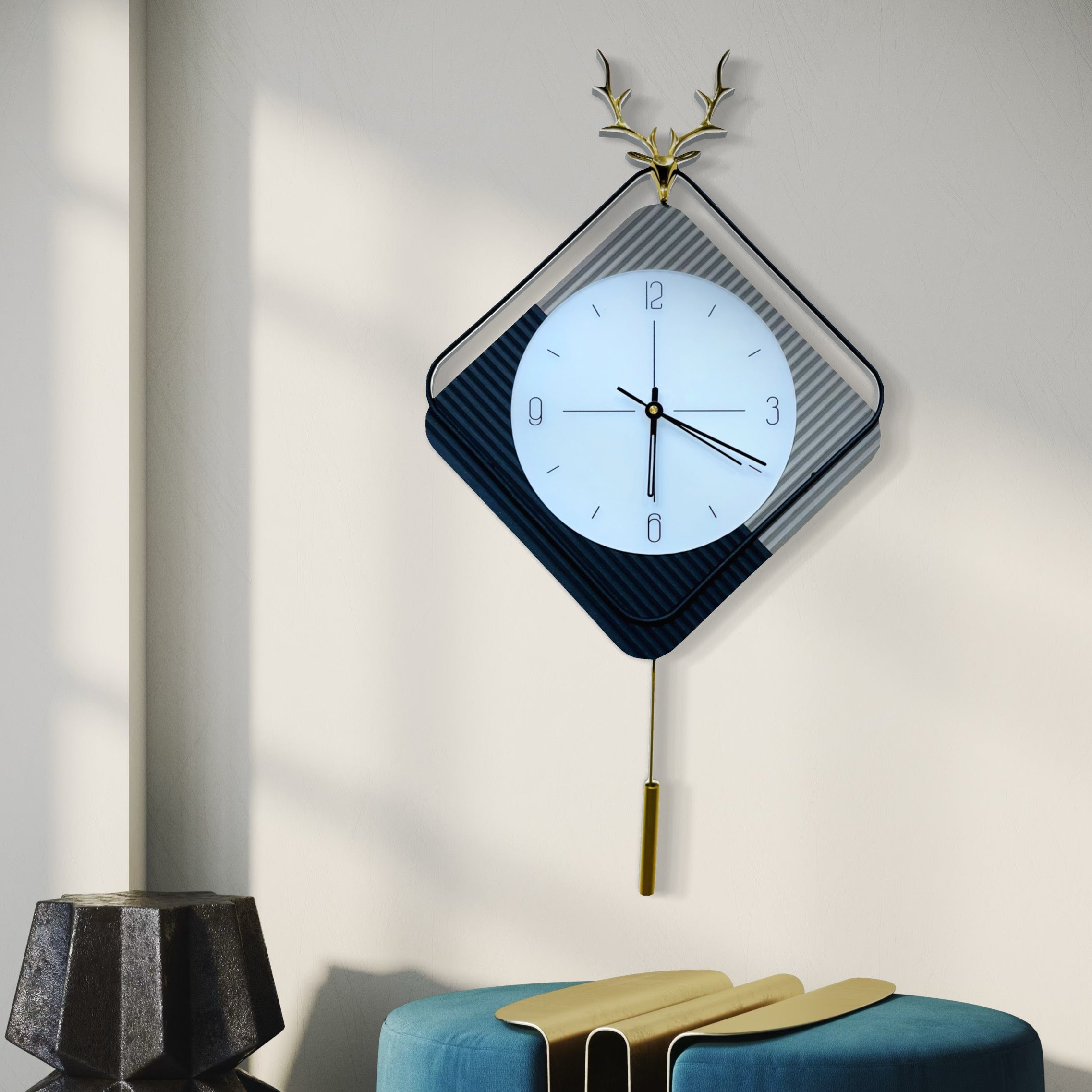 Refined Elegant Wall Clock with Antler Accent - 60CM X 40CM