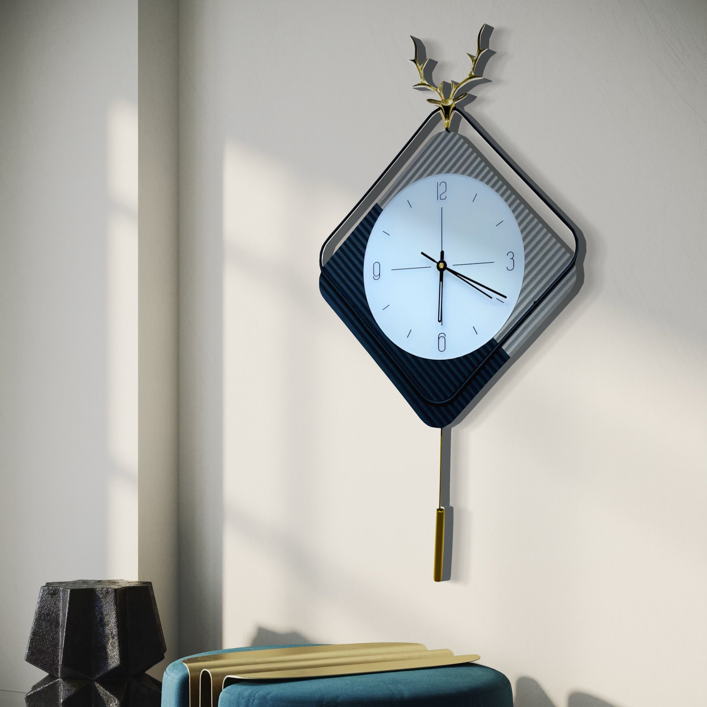 Refined Elegant Wall Clock with Antler Accent - 60CM X 40CM