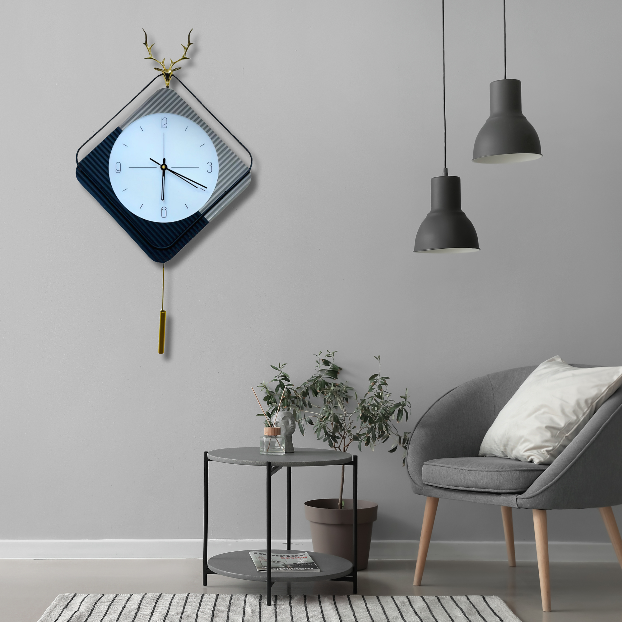 Refined Elegant Wall Clock with Antler Accent - 60CM X 40CM