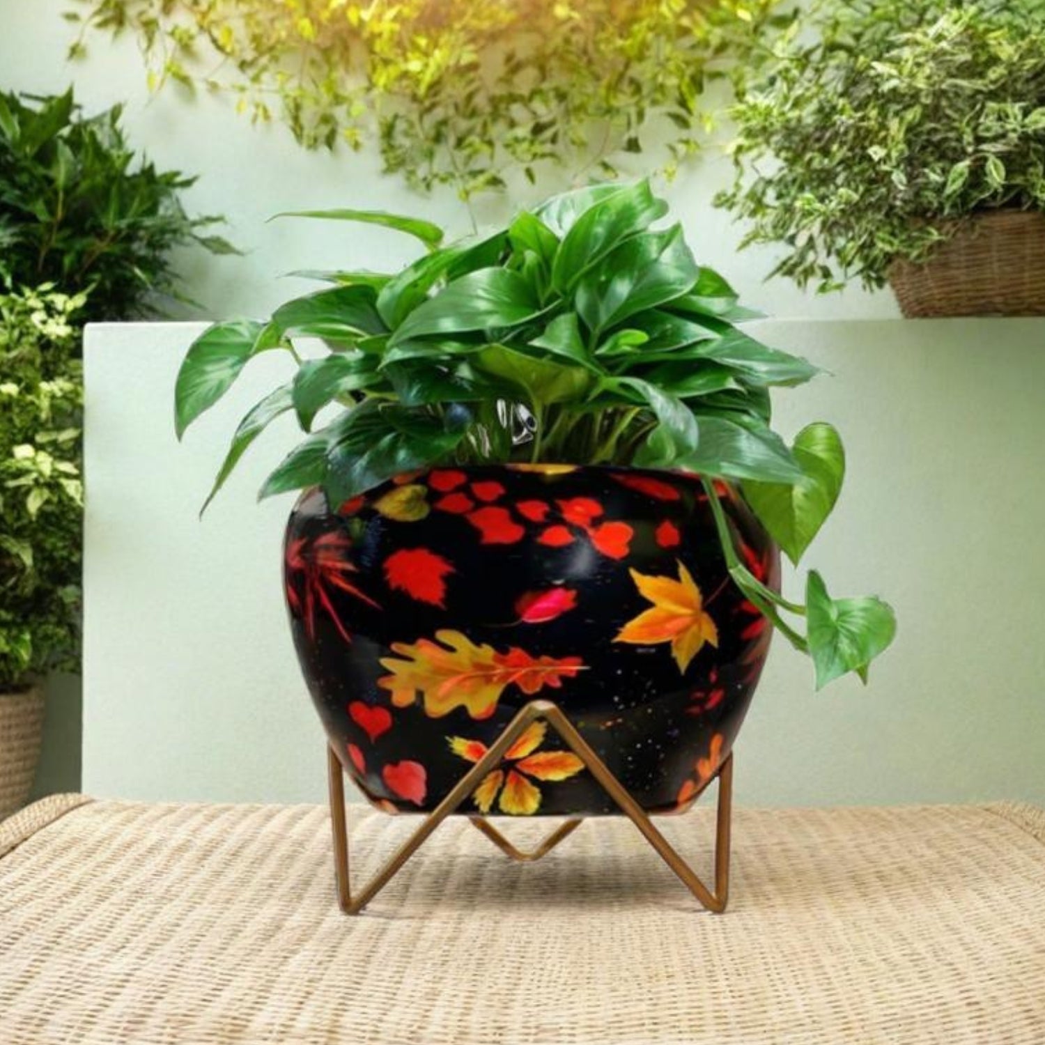 Vibrant 5" Orchid Pot - Yellow Leaf Print Design with Stand