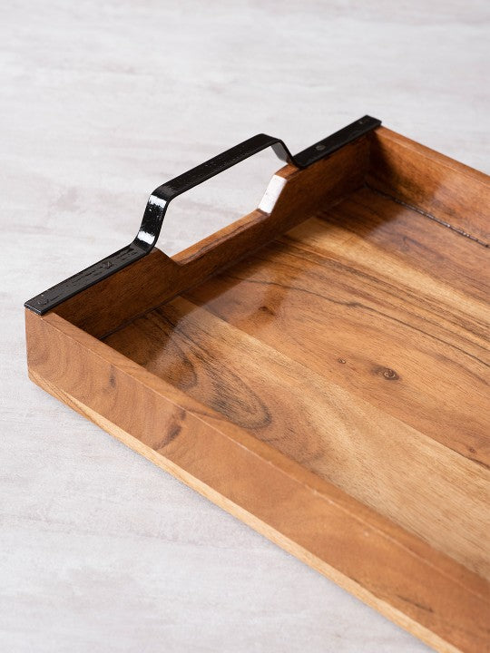 Sheesham Wood Serving Tray with Black Metal Handles