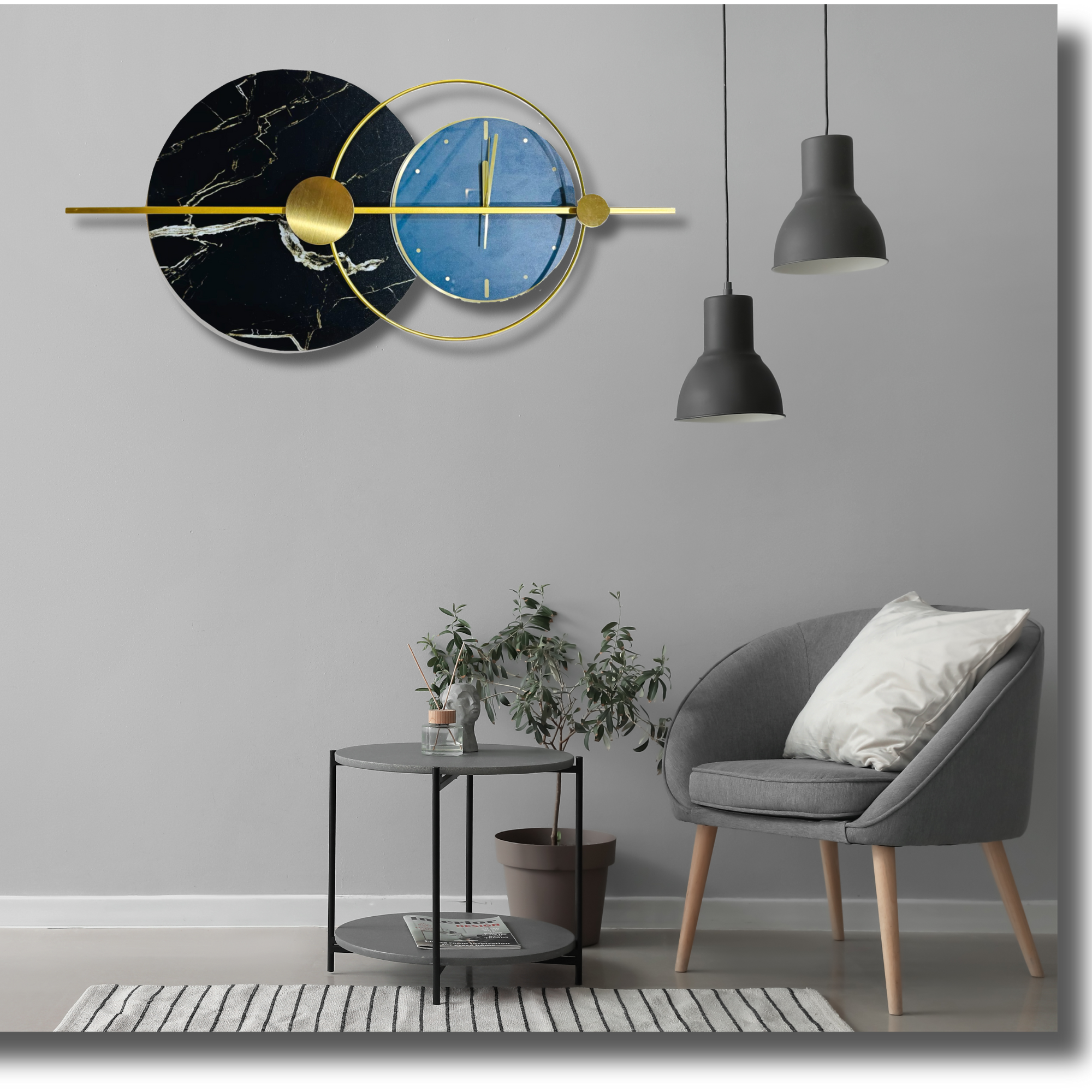 Ideal Dual-Tone Wall Clock with Marble and Blue Accents for Home - (75x35cm)