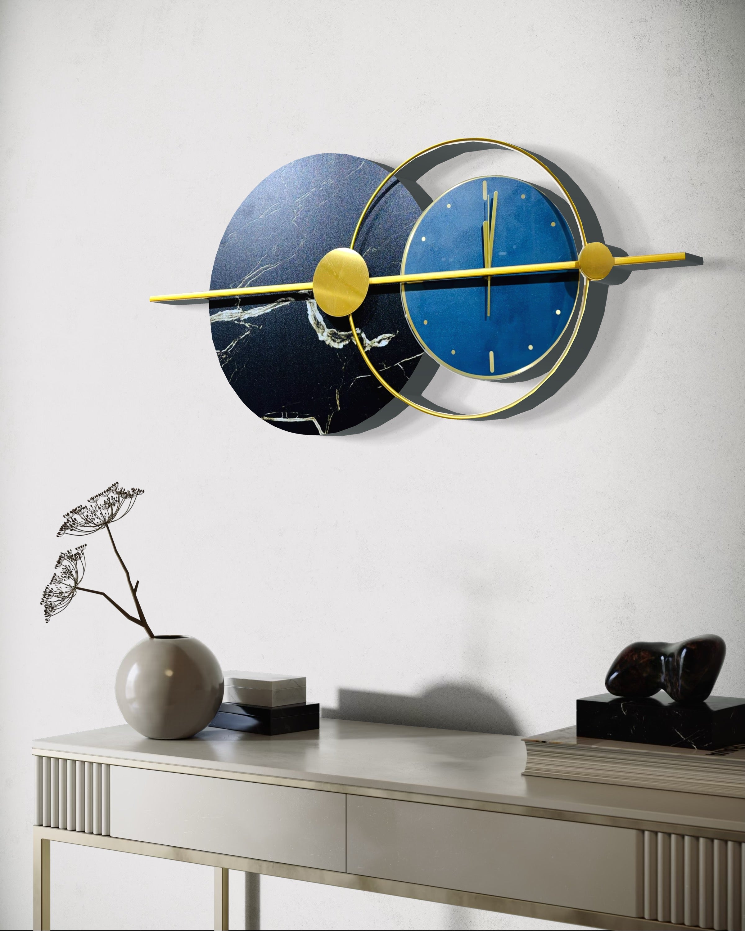 Ideal Dual-Tone Wall Clock with Marble and Blue Accents for Home - (75x35cm)