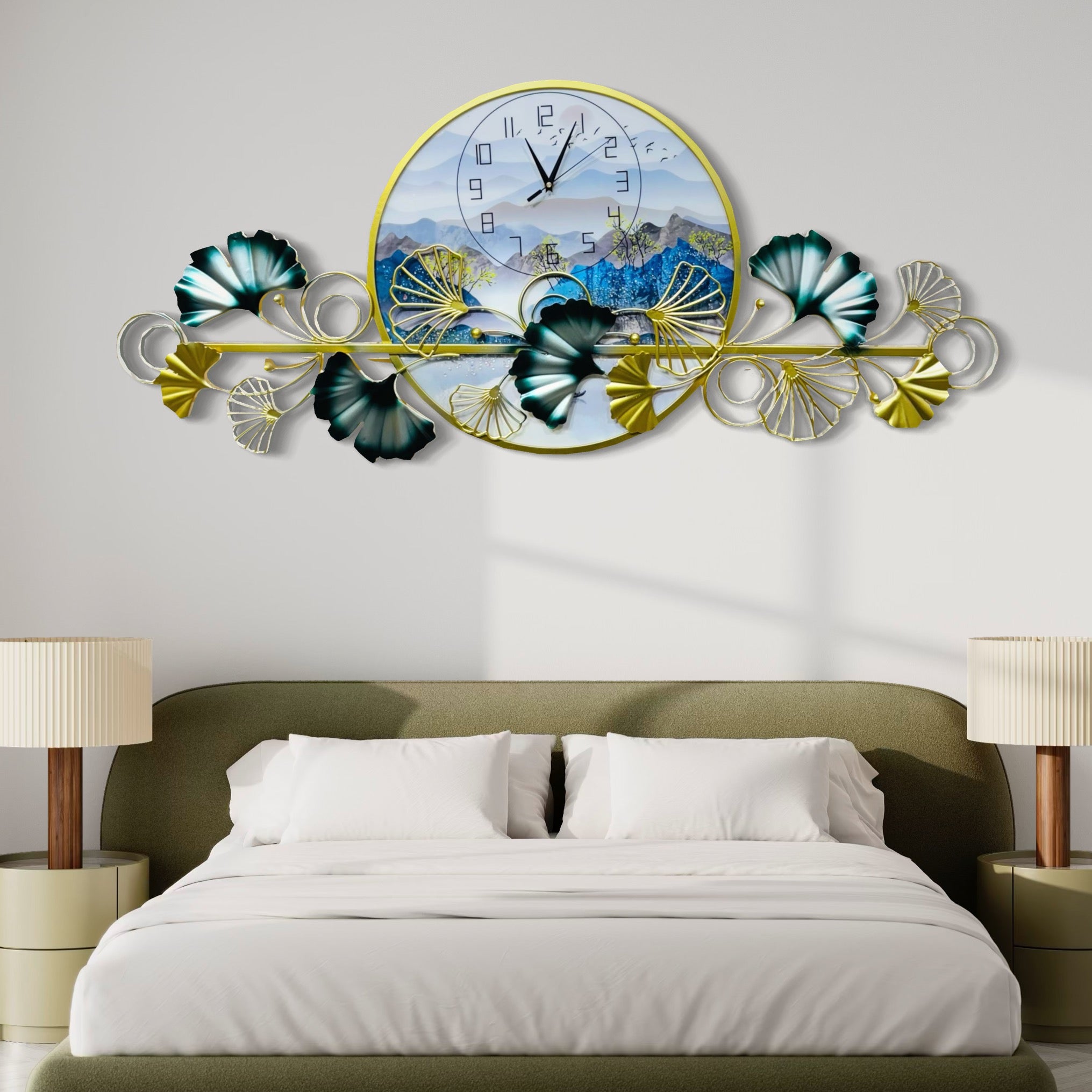 Landscape Elegant Wall Clock with Floral Metal Art