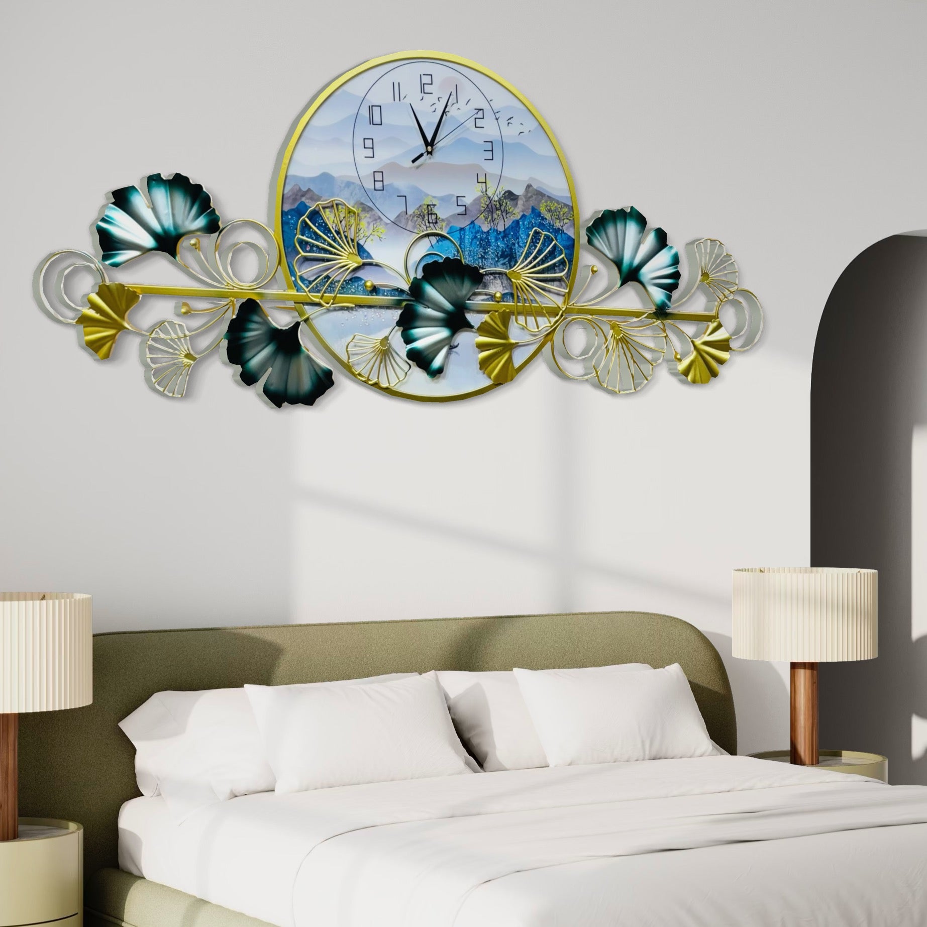 Landscape Elegant Wall Clock with Floral Metal Art