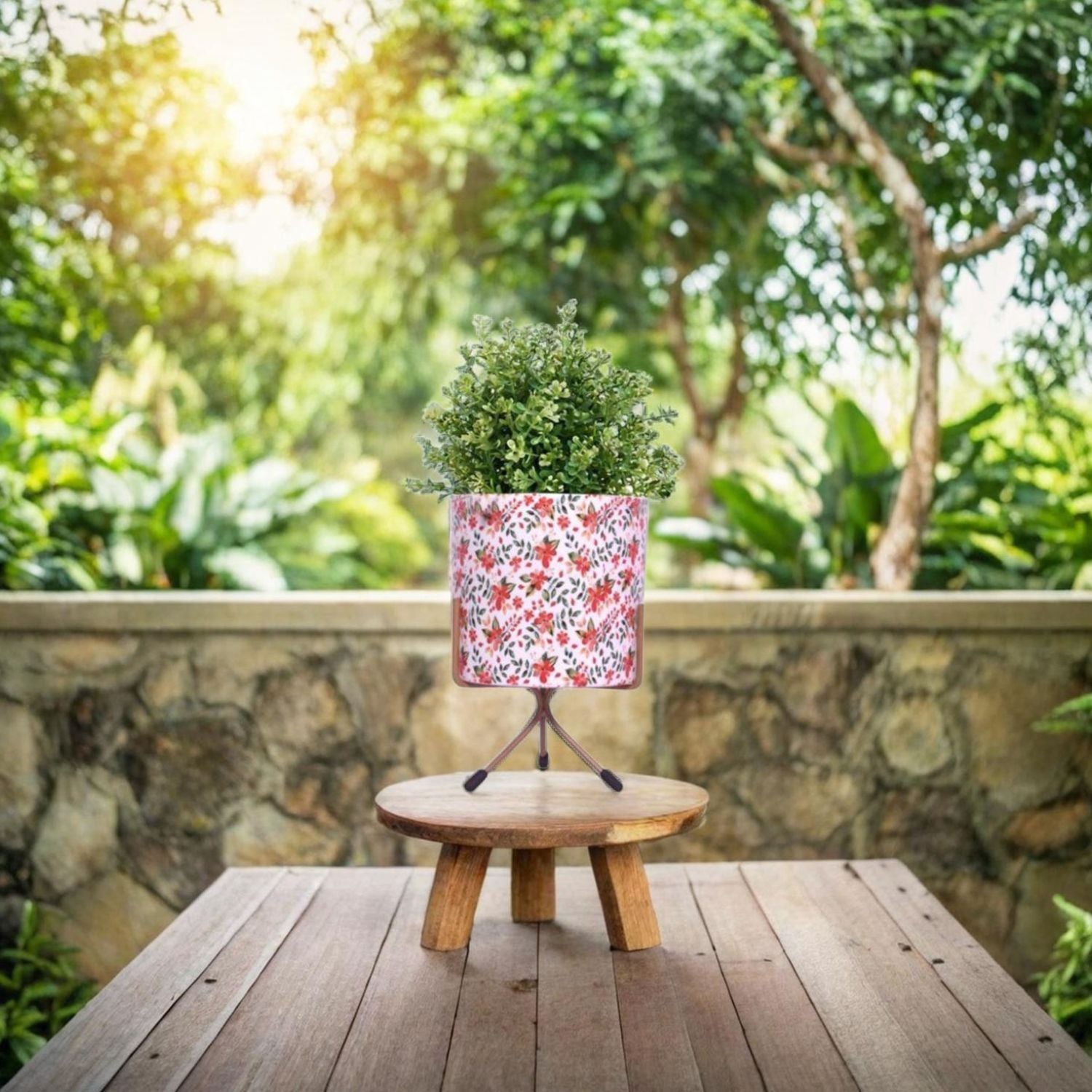 Charming Round Tabletop Pot - Leaf Print Design with Stand