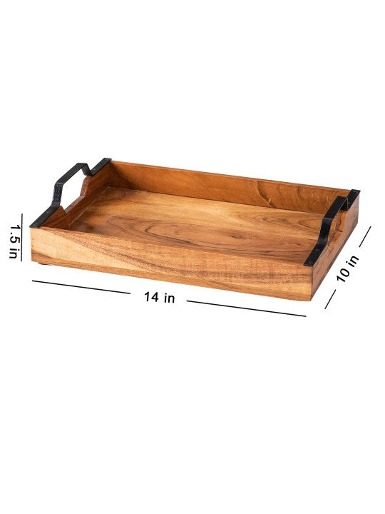 Sheesham Wood Serving Tray with Black Metal Handles