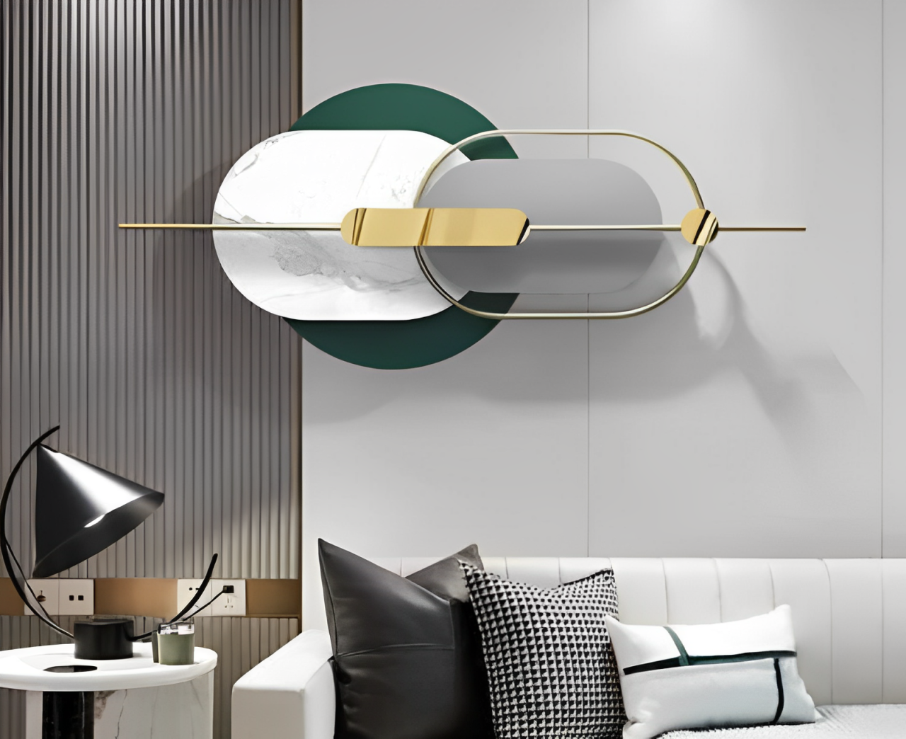 Contemporary Abstract Metal Wall Art with Geometric Shapes in Gold and Marble Finish