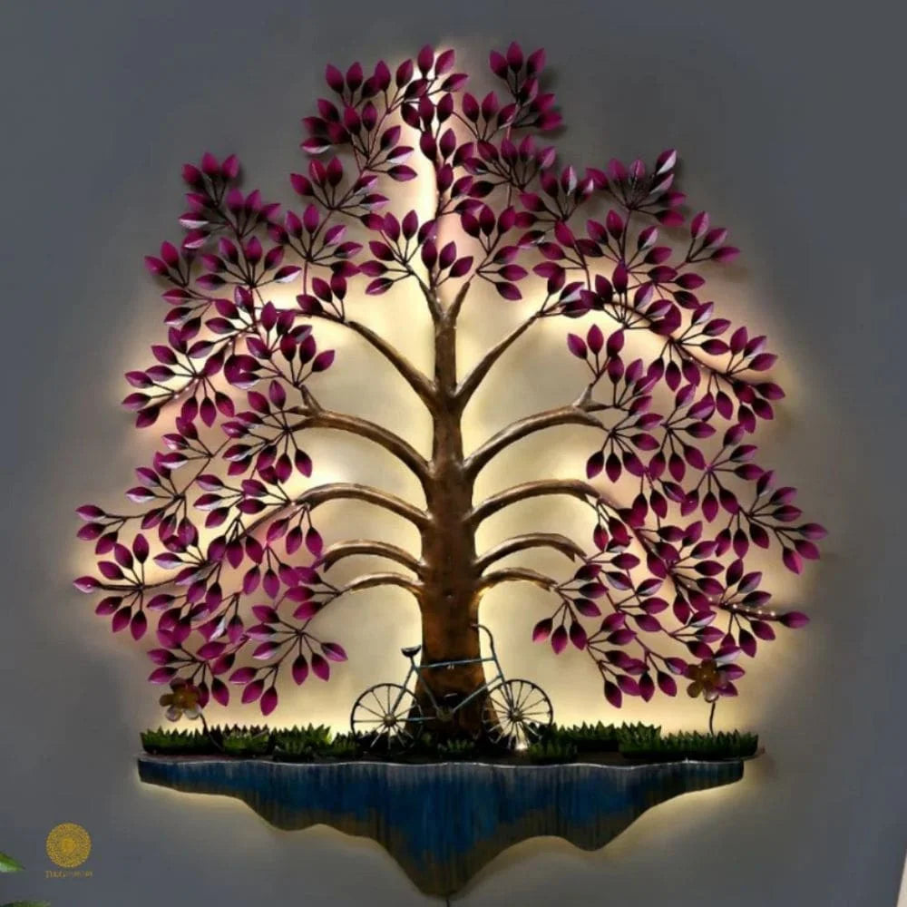 Illuminating Pink Tree Wall Art with Bicycle