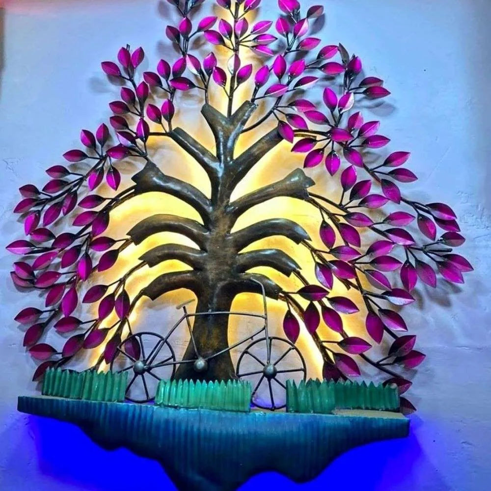 Illuminating Pink Tree Wall Art with Bicycle