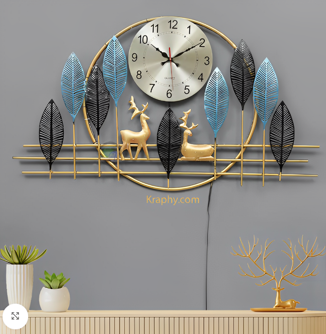 Modern Leaf and Deer Metal Wall Clock with LED Backlight – Contemporary Wall Decor