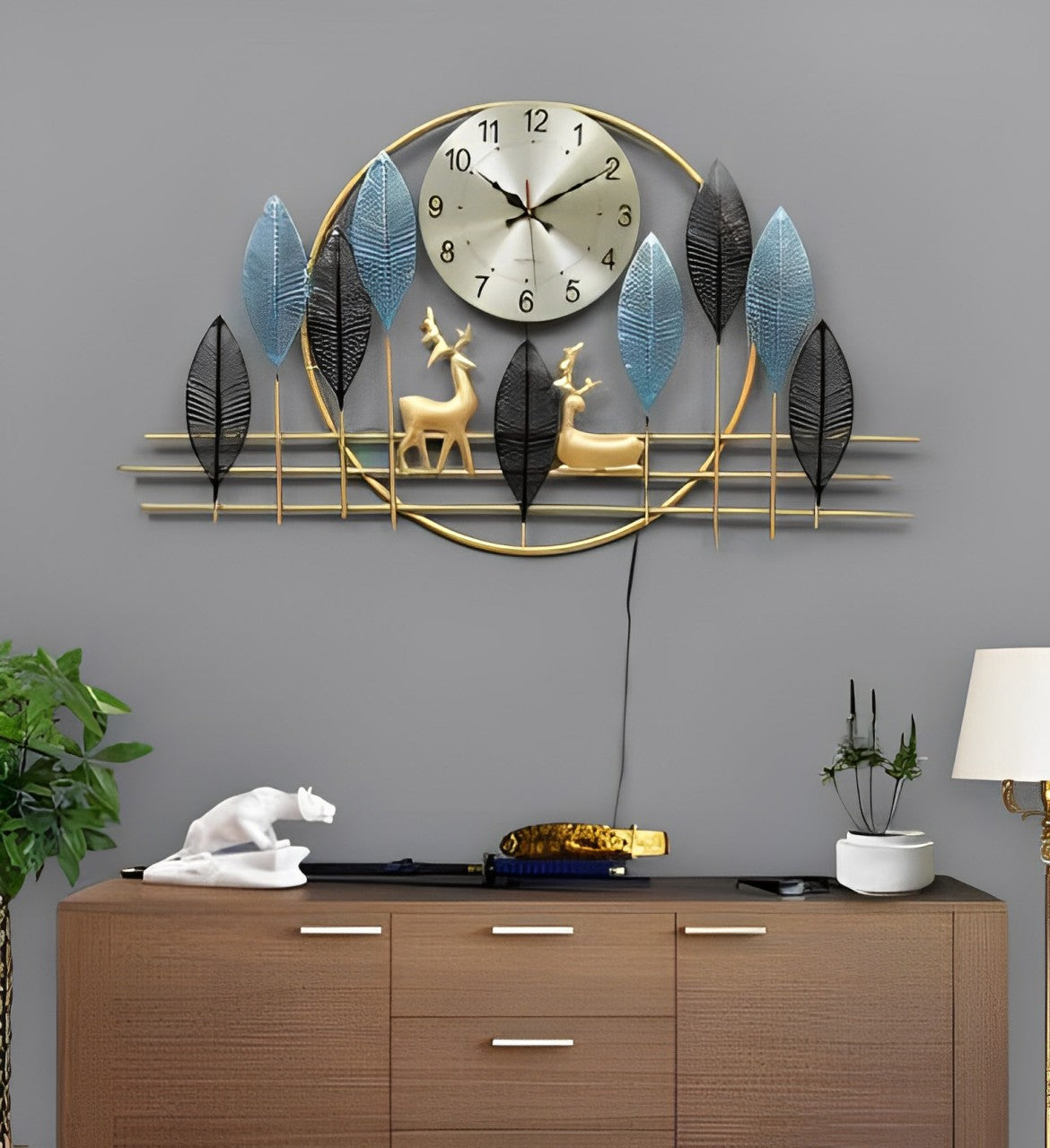 Modern Leaf and Deer Metal Wall Clock with LED Backlight – Contemporary Wall Decor