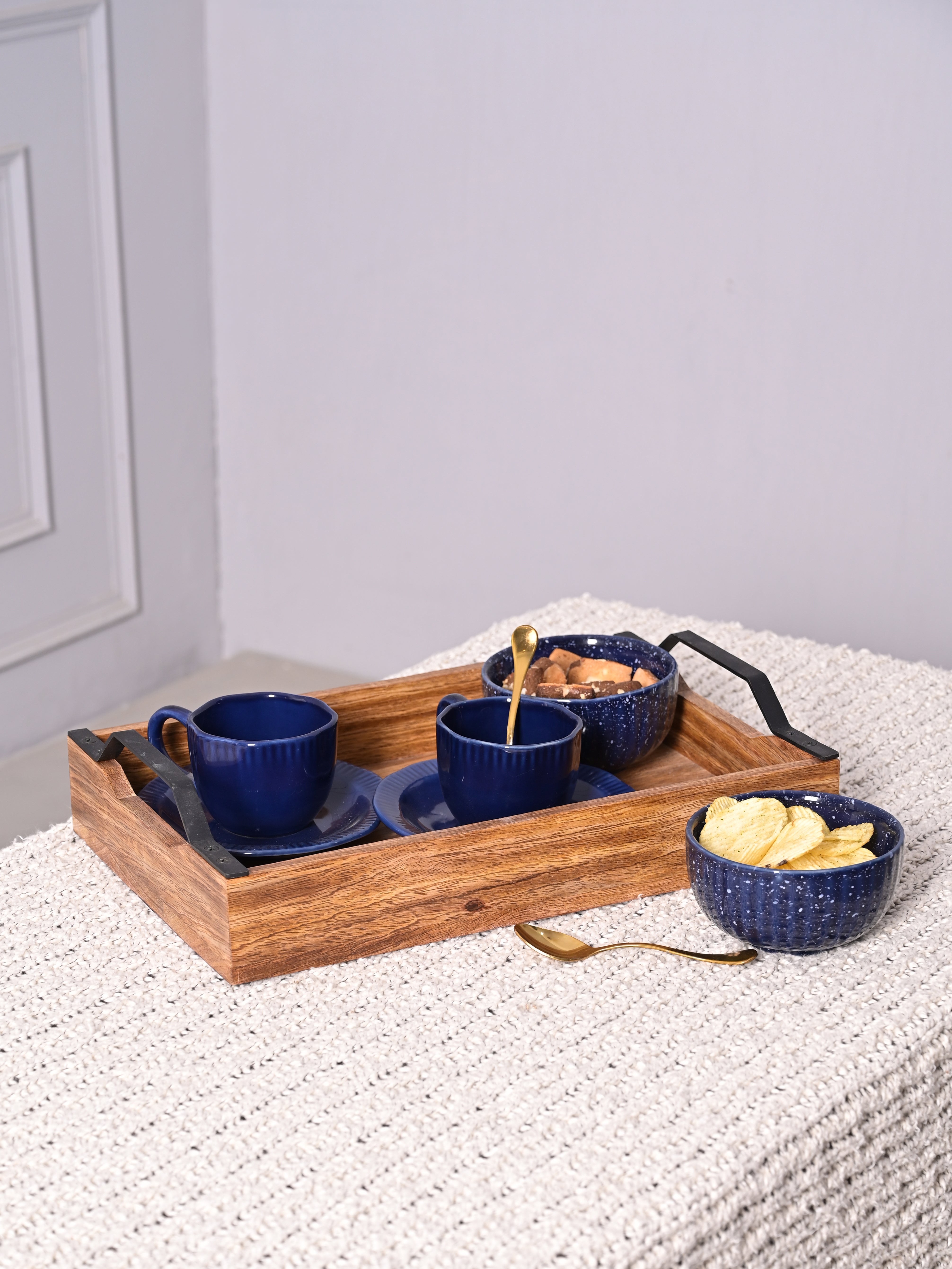 Sheesham Wood Serving Tray with Black Metal Handles