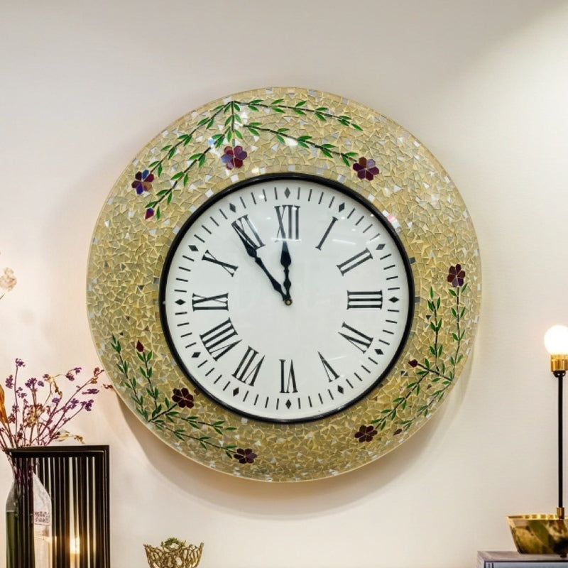 Floral Handcrafted Mosaic Wall Clock with Roman Numerals - Elegant Home Décor