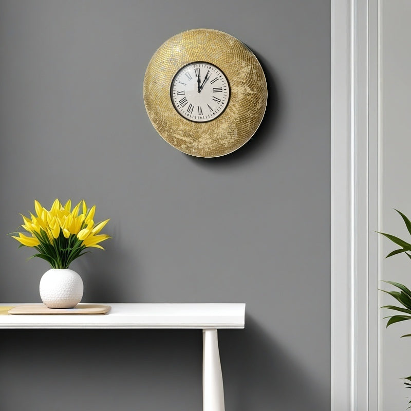 Luxury Golden Mosaic Wall Clock with Roman Numerals - Sophisticated Home Décor