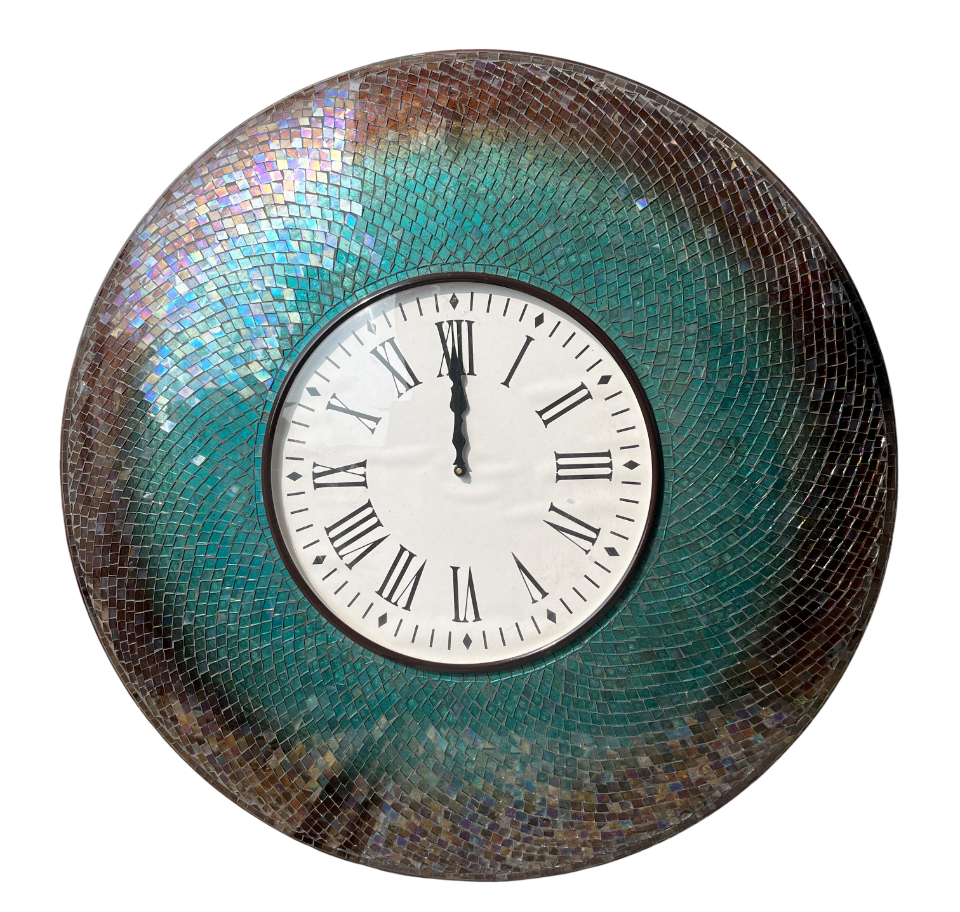 Handcrafted Blue Mosaic Wall Clock with Roman Numerals - Artistic Statement Piece