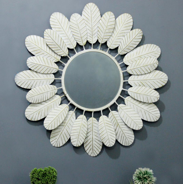 White Leaf Frame Round Mirror – Botanical-Inspired Wall Décor