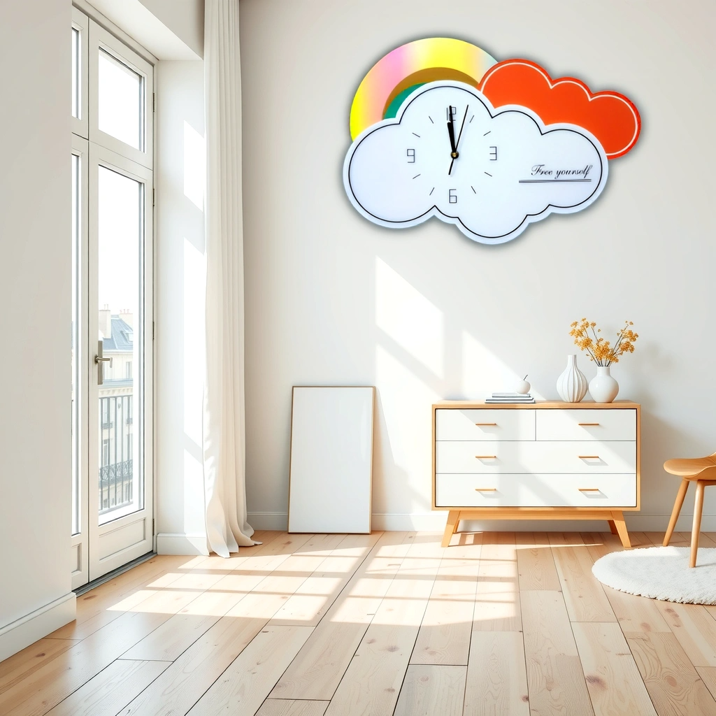 Cloud-Inspired Wall Clock with Rainbow Accents - 50CM x 36CM