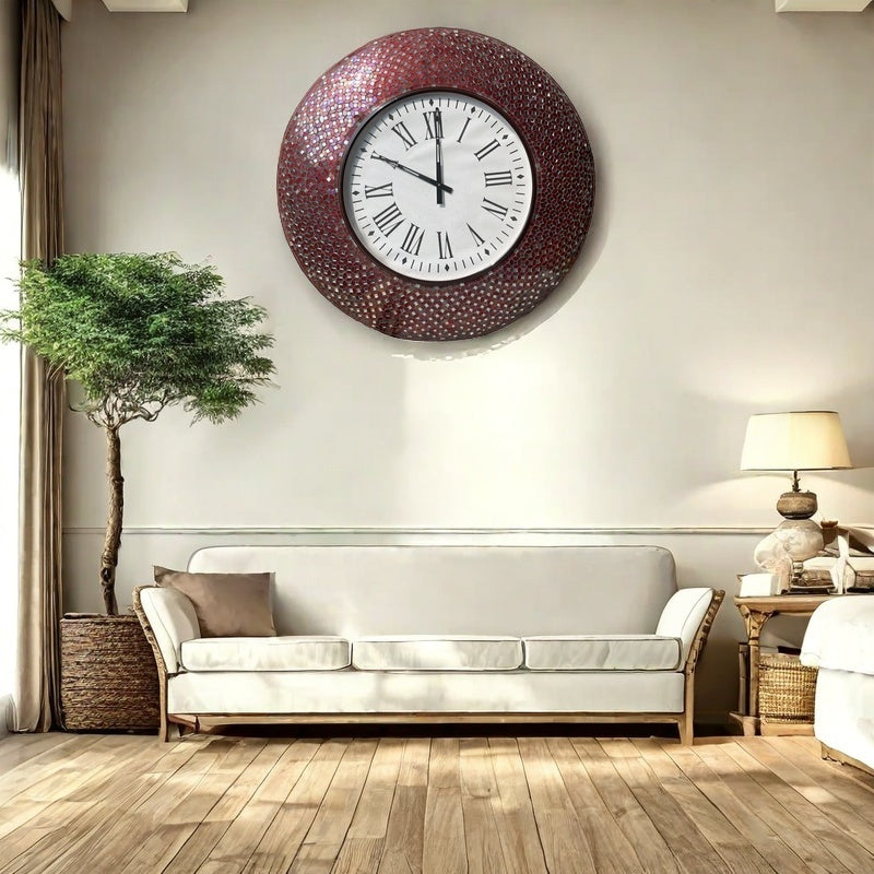 Handcrafted Red Mosaic Wall Clock with Roman Numerals - Bold Decorative Accent